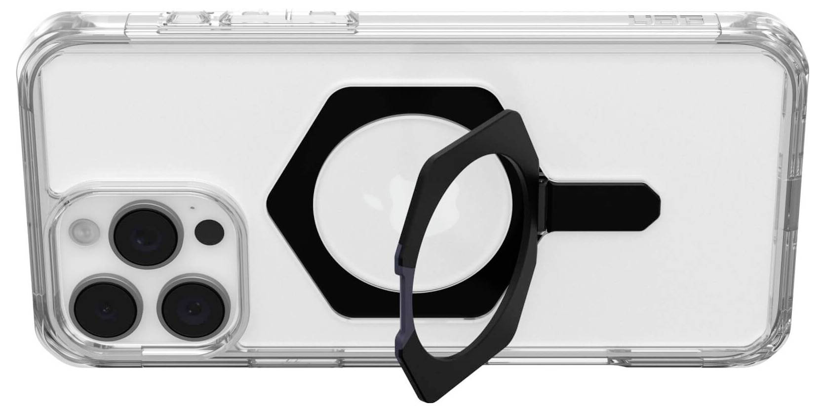 Průhledný kryt na mobil s černým kroužkovým držákem na zadní straně smartphonu se třemi objektivy fotoaparátu.