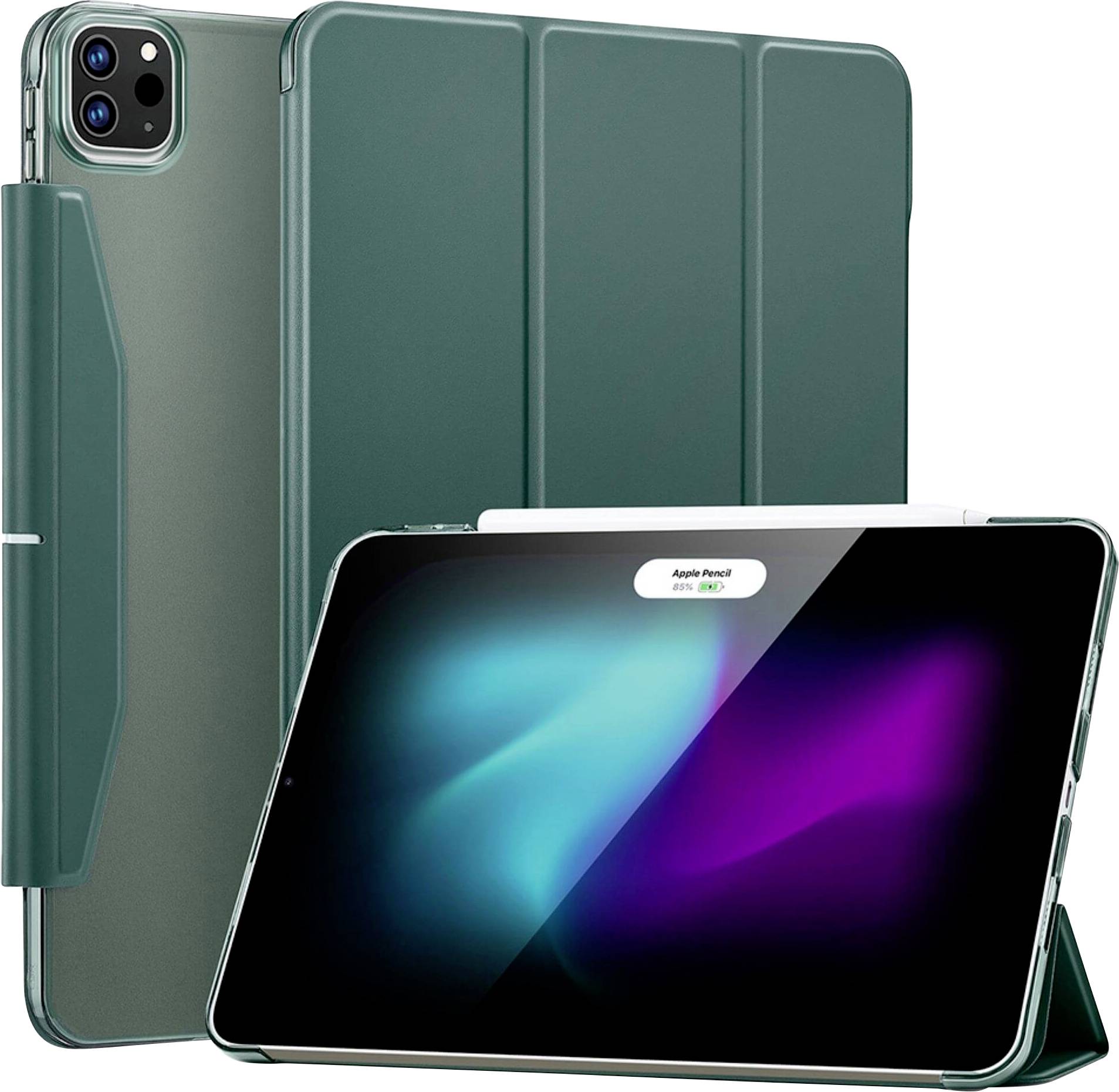 Tablet s zeleným obalem a bílým perem ležícím na jeho povrchu. Na displeji se zobrazuje dynamický, vícebarevný vzor.
