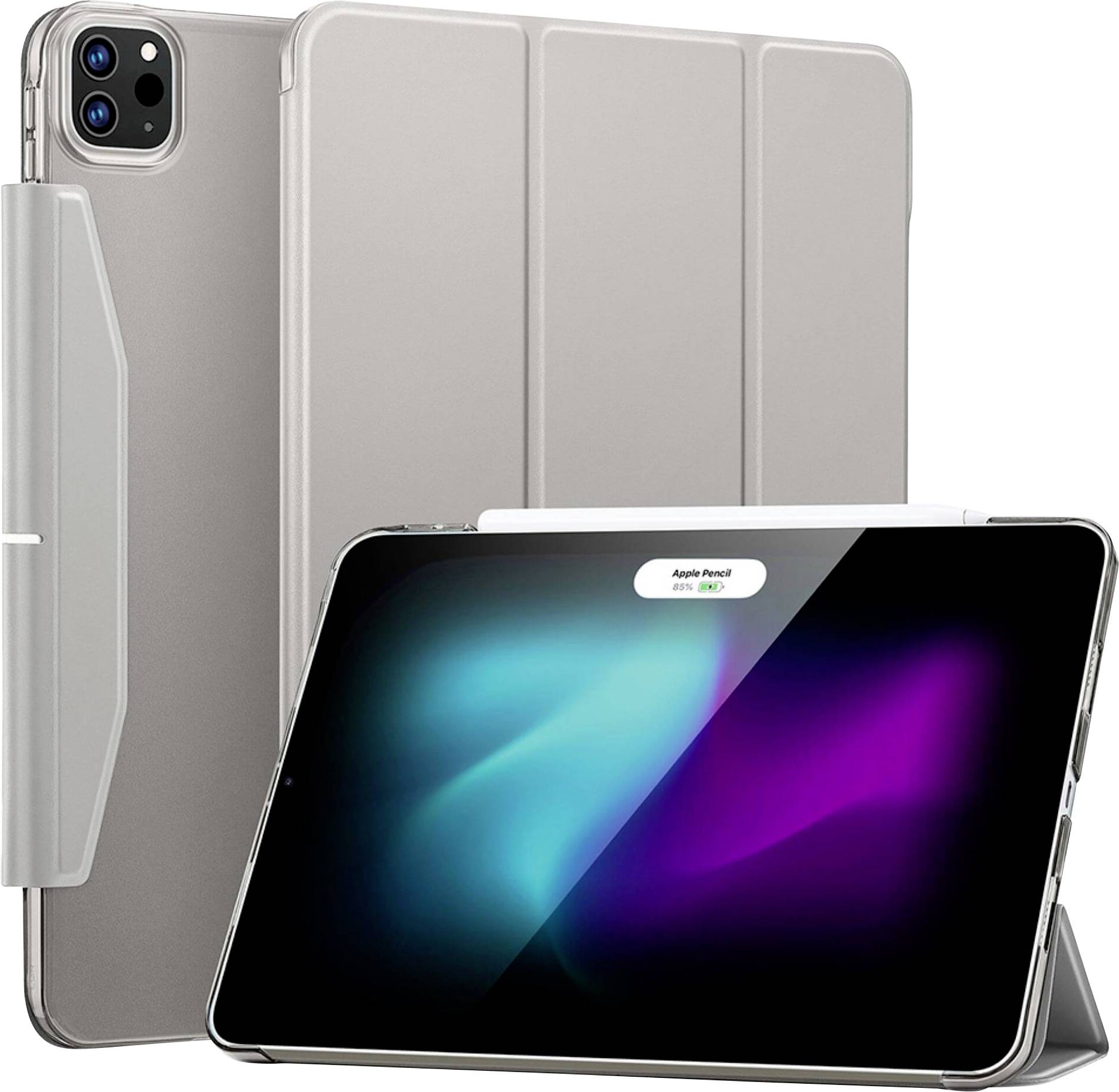 Dva tablety v obalech. Jeden stojí vzpřímeně, druhý leží plochý s osvětleným displejem a Apple Pencil položeným vedle.