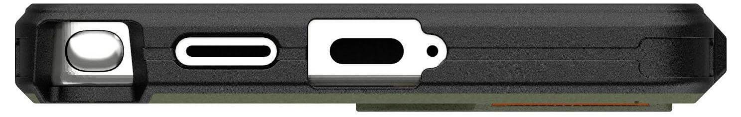 Boční pohled černého obdélníkového elektronického zařízení s několika konektory a tlačítky, pravděpodobně fotoaparát nebo podobné zařízení.