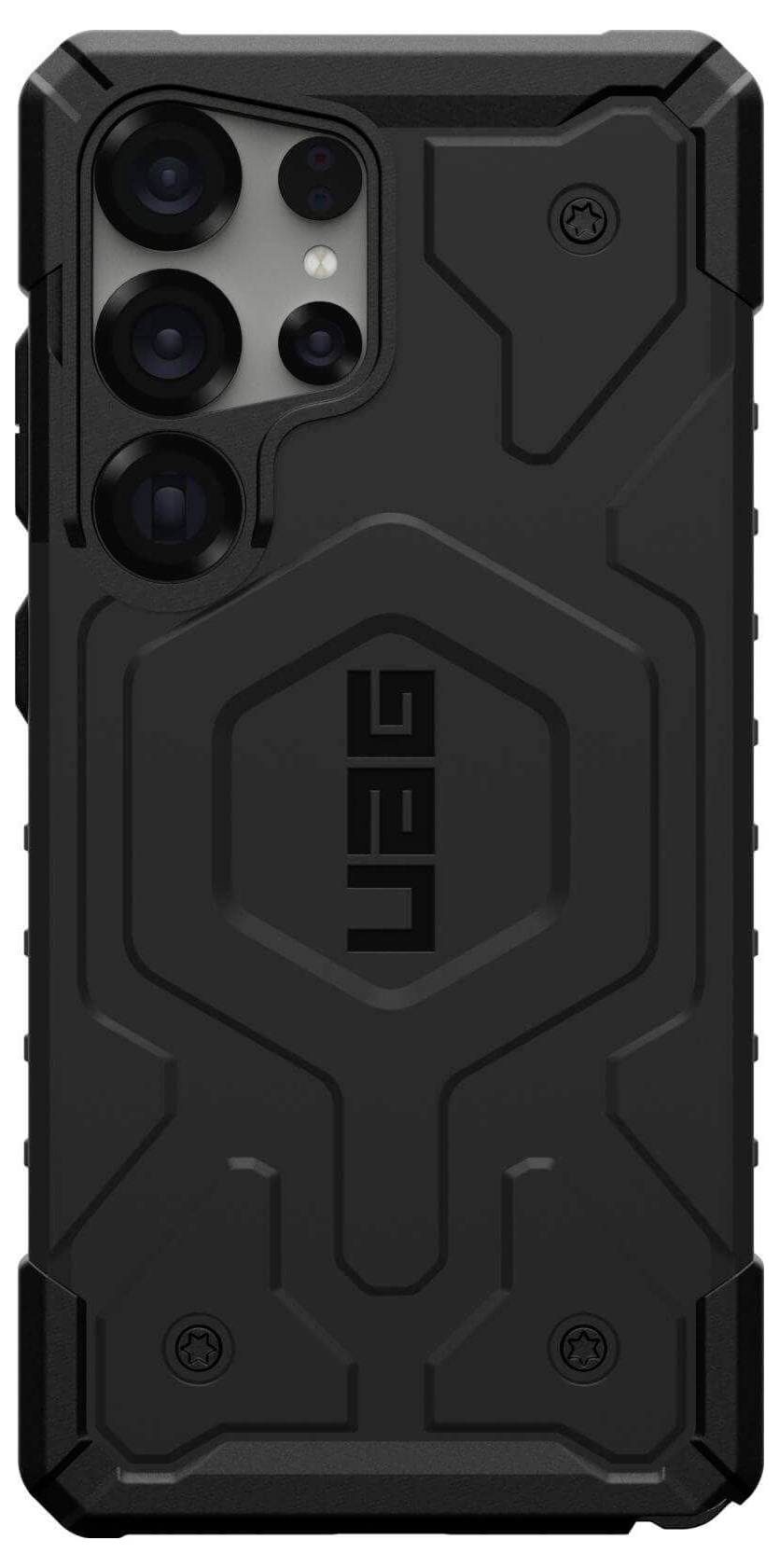 Černý, robustní obal na smartphone s výraznými hranami a logem 'UAG'. Chrání telefon před nárazy a škrábanci.