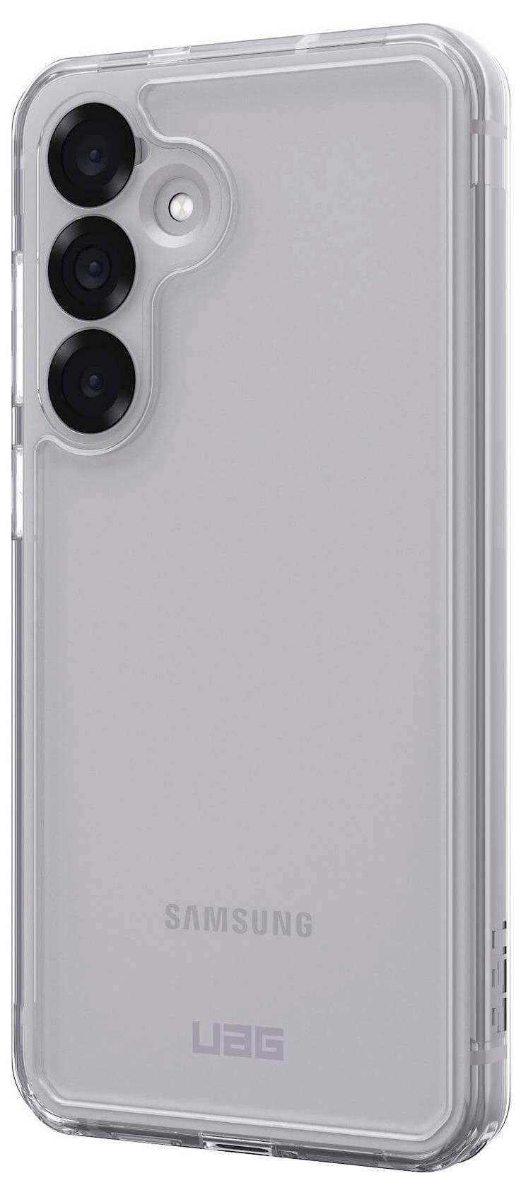 Průhledný mobilní kryt chrání smartphone se třemi objektivy fotoaparátu. Logo značky 'UAG' je vytištěno dole.