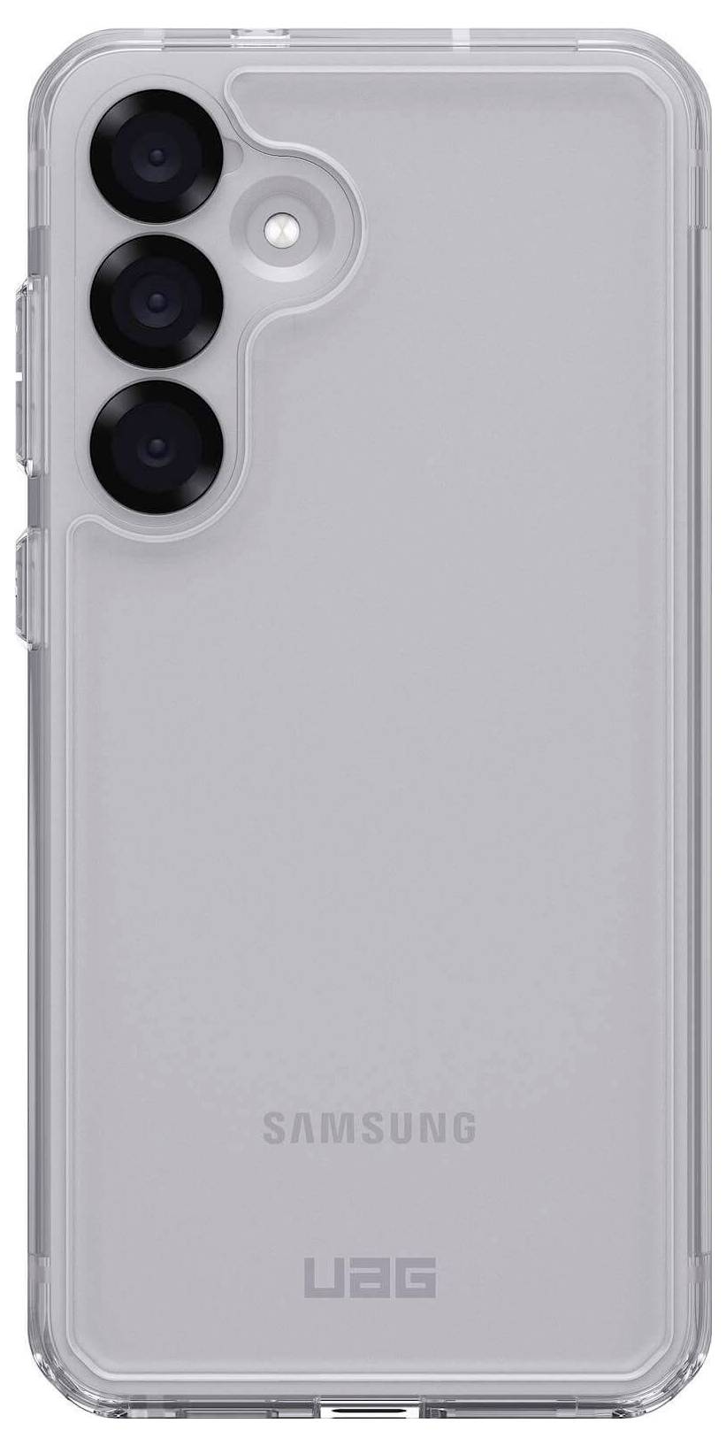 Průhledný ochranný kryt od UAG pro zařízení Samsung, který odhaluje tři čočky kamery a blesk na zadní straně.