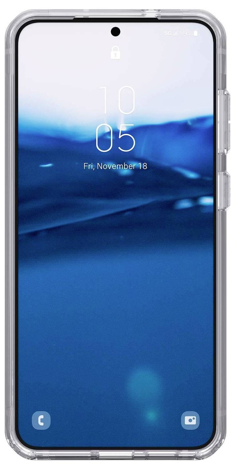 Smartphone s modrým vodním pozadím na úvodní obrazovce. Datum zobrazuje 'Pátek, 18. listopadu'.