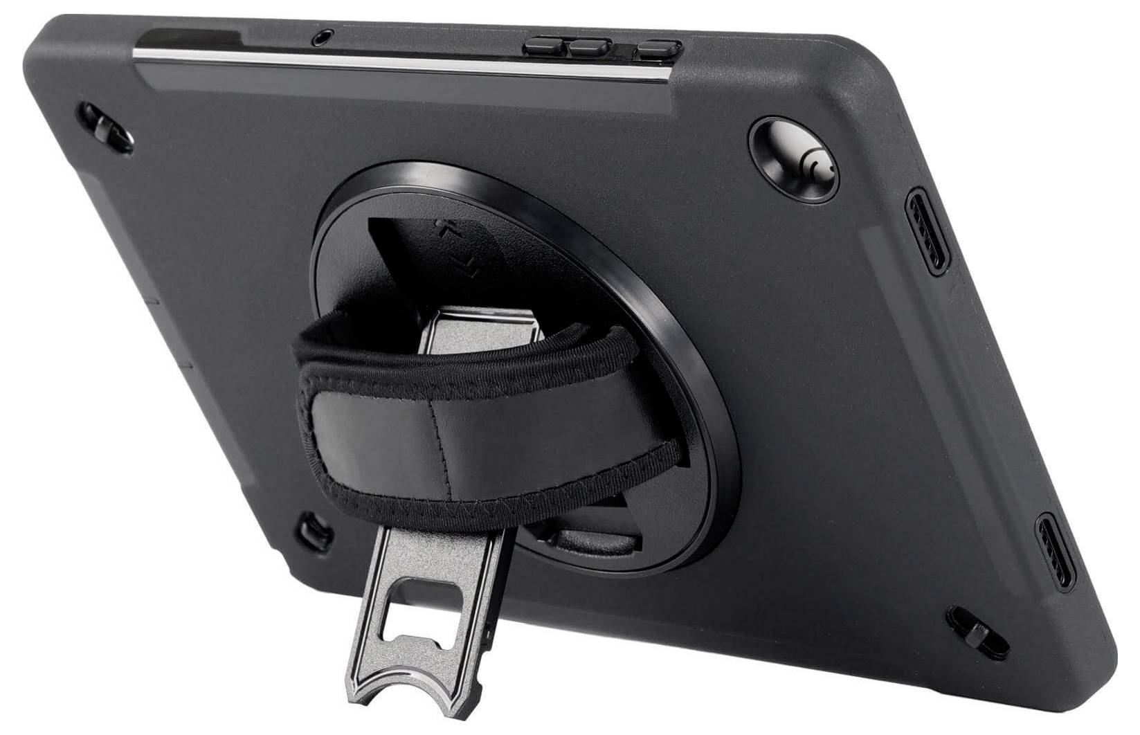 Tablet s robustním ochranným krytem, vybavený rukojetí a stojánkem, zařízení je mírně nakloněné na povrchu.