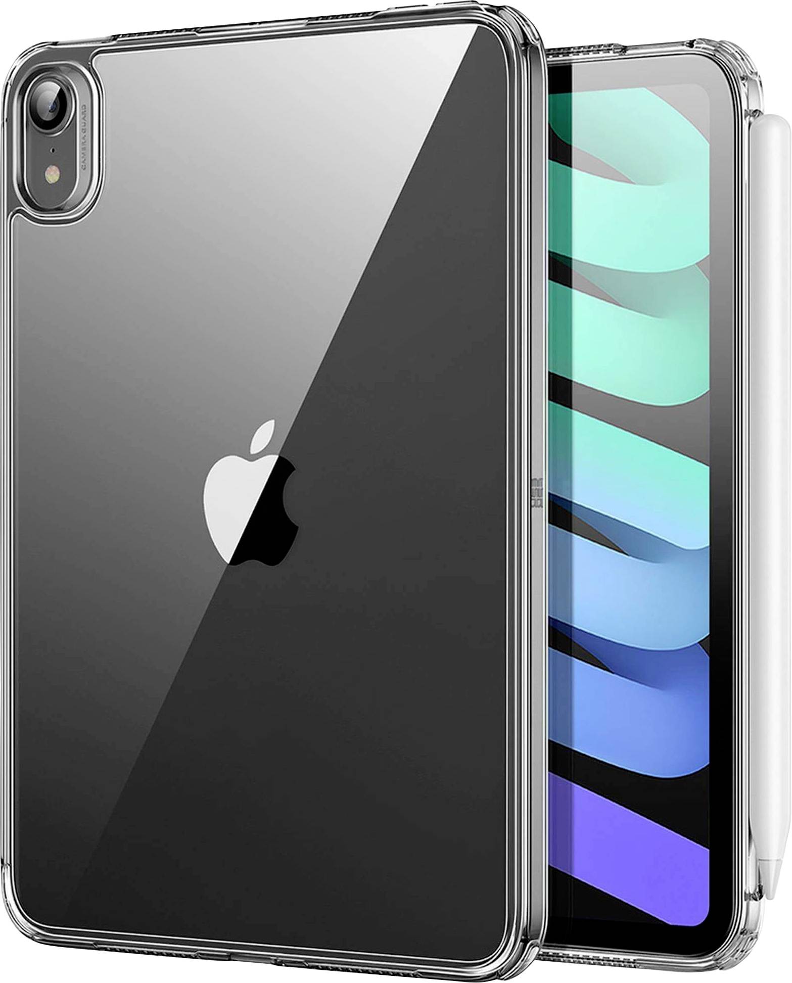 Průhledný smartphonový kryt s výrazně umístěným bílým logem jablka na zadní straně, vedle něj tablet s barevným displejem a perem.