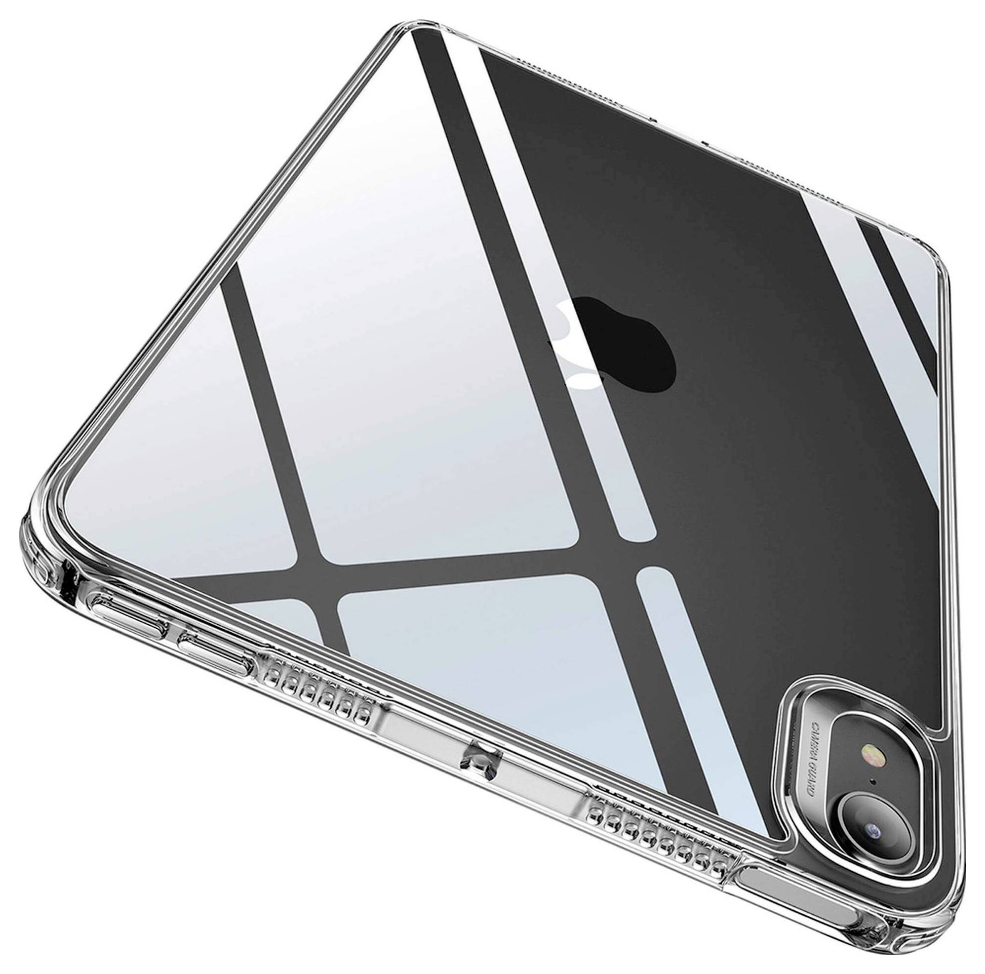 Smartphone v průhledném obalu, zadní strana ukazuje kamerový modul a reflexní skleněný povrch s jemným vzorem.