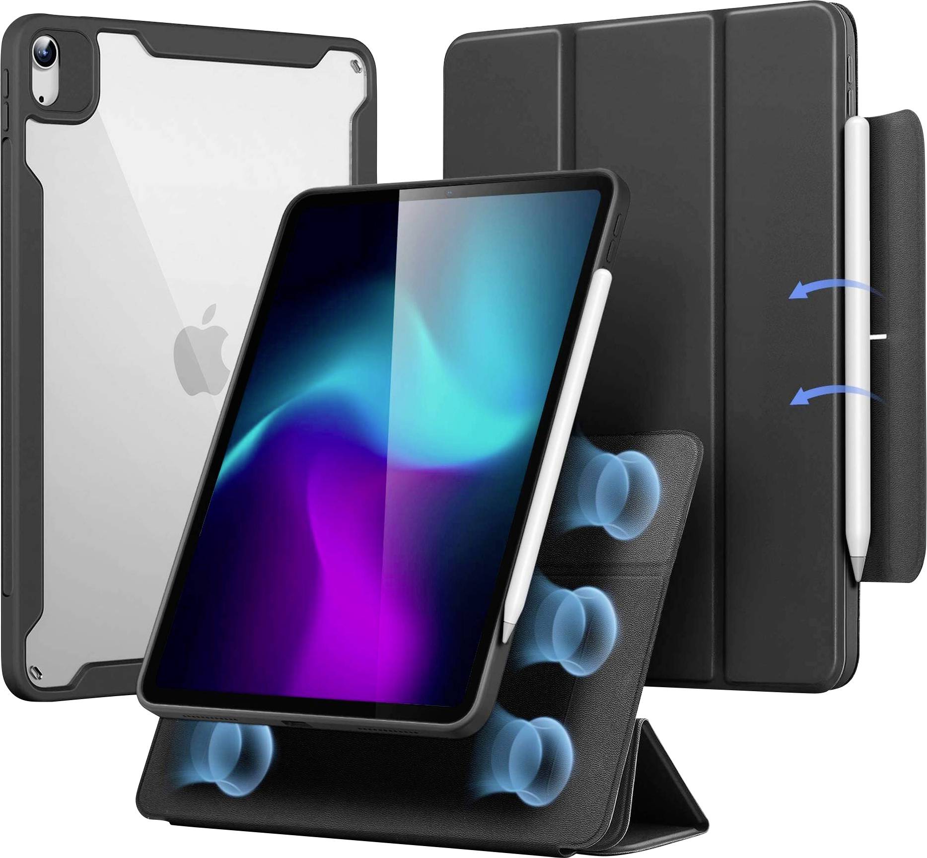 Obrázek ukazuje obal na tablet s integrovaným stojánkem a místem pro pero. Stojánek je vybaven přísavkami pro zajištění stability.