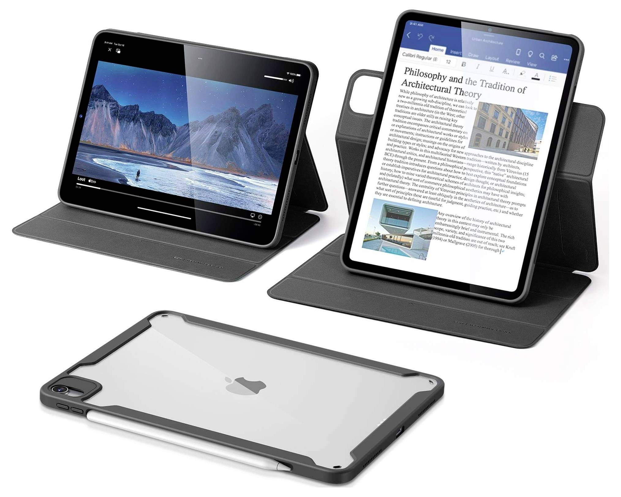 Dva tablety jsou v ochranných pouzdrech, jeden zobrazuje krajinu, druhý text. V popředí leží průhledný obal na tablet.