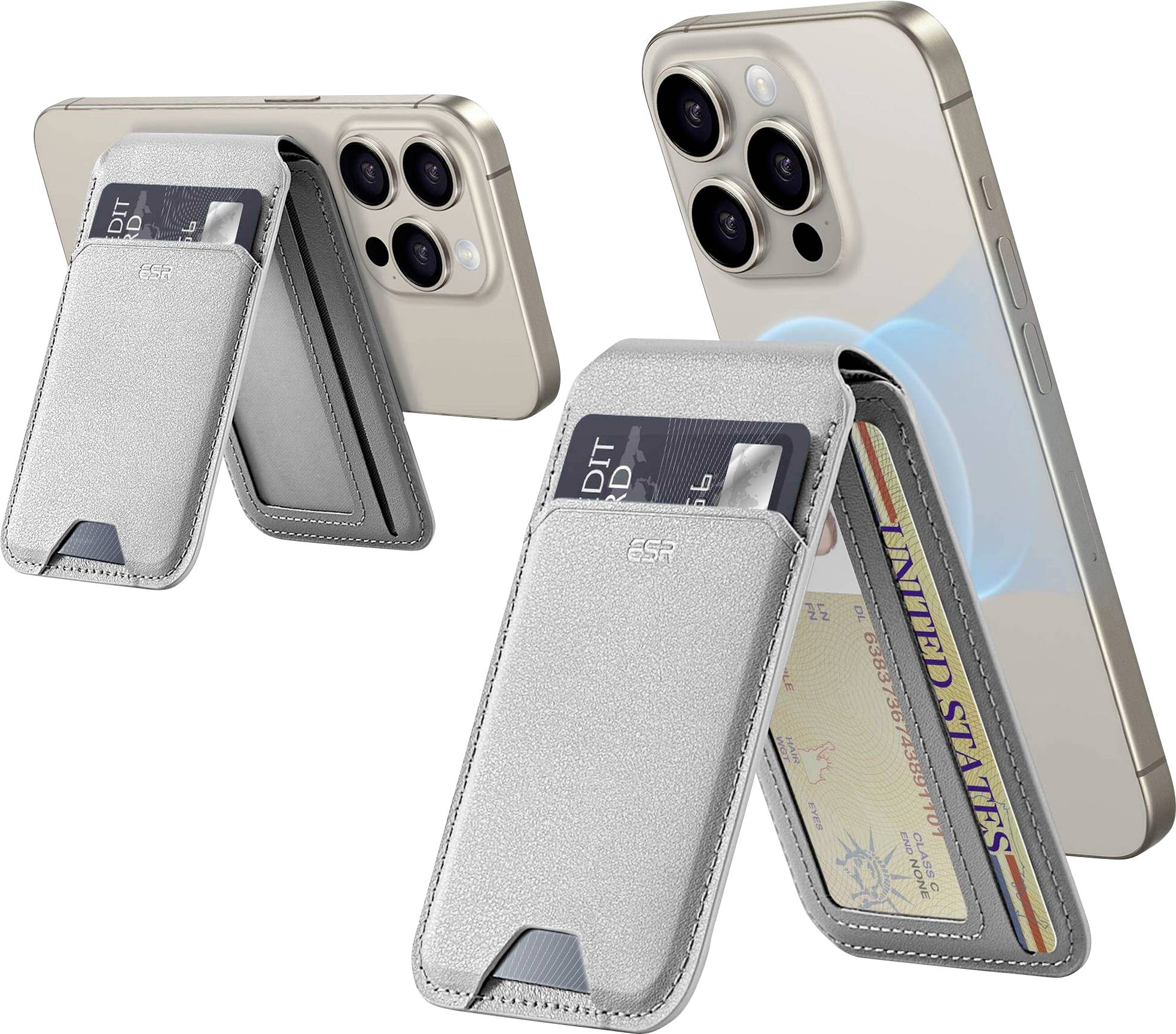 Scéna se dvěma smartphony spojenými magnetickými držáky karet. Držáky uchovávají kreditní karty a průkaz totožnosti, které lze snadno odejmout.