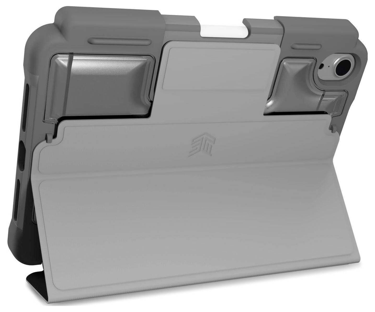 Šedý ochranný kryt na tablet s funkcí stojánku, který ukazuje zadní stranu s otvorem pro kameru a chráněným okrajem.