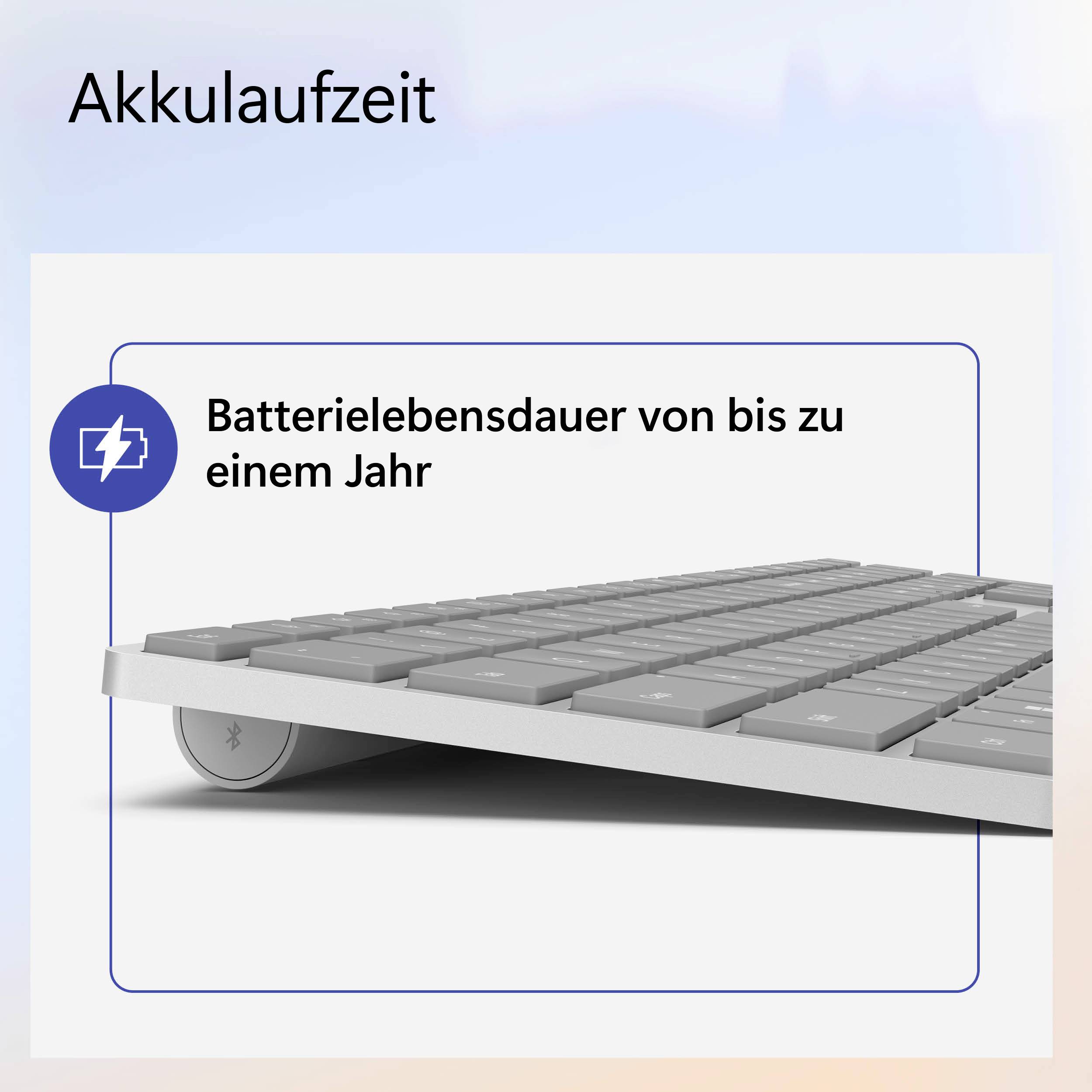 Klávesnice s upozorněním "Výdrž baterie až jeden rok" v popředí.