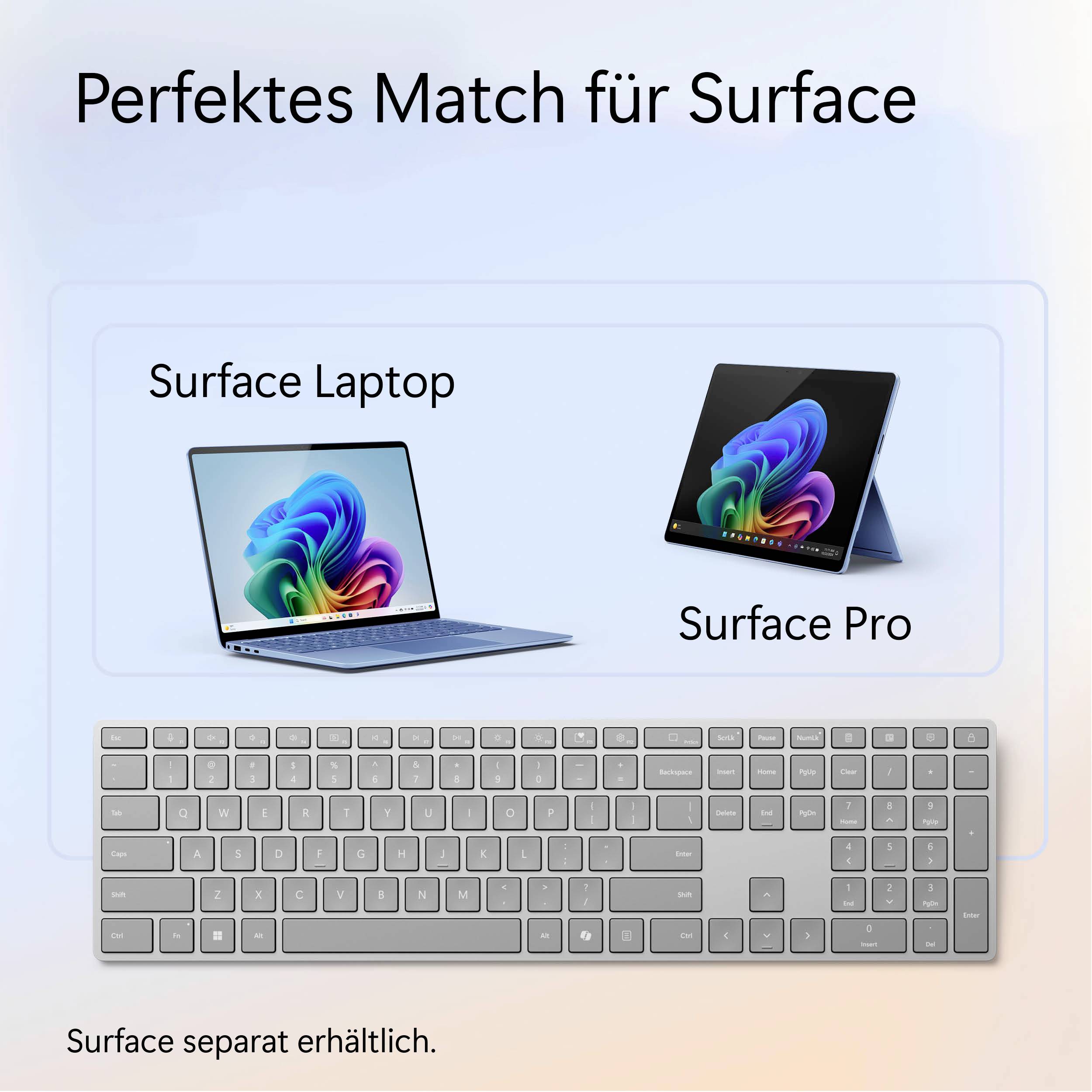 "Dokonalá kombinace pro Surface": Obrázek ukazuje Surface Laptop a Surface Pro s klávesnicí pod nimi. Poznámka: "Surface produkty prodávány samostatně."