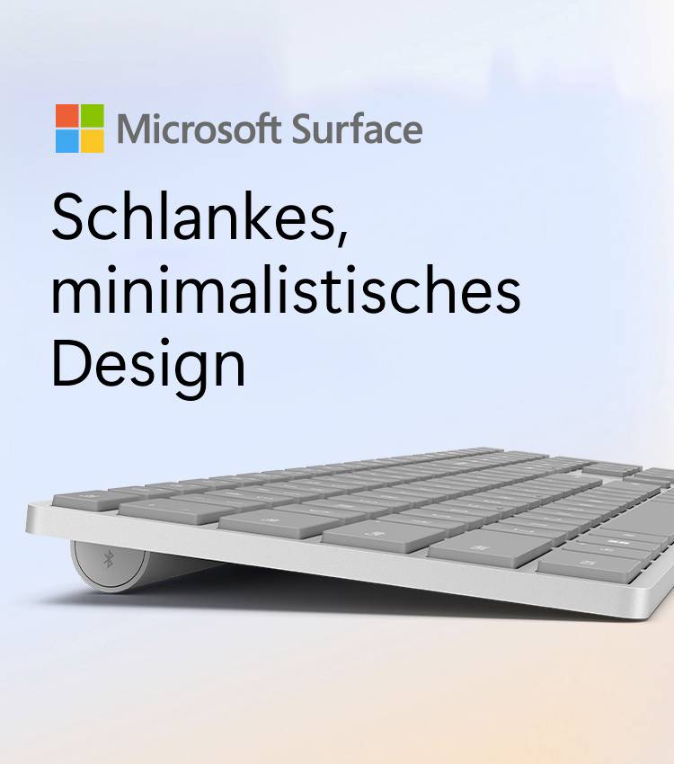 Obrázek zobrazuje klávesnici Microsoft Surface s textem „Štíhlý, minimalistický design" v moderní typografii.