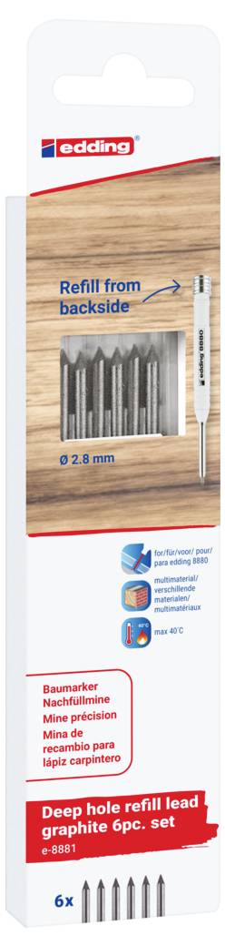 Náhradní náplň edding pro hloubkové značkovací hroty 2,8 mm, 6 kusů. Vhodné pro vrtané otvory od 2,8 mm, zvláště odolné proti zlomení.