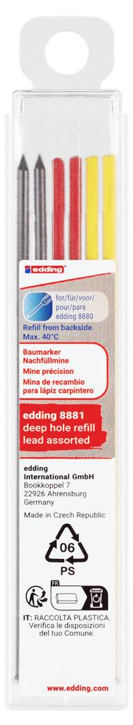 Balení náhradních per edding 8851 v různých barvách: červená, žlutá, šedá. Obsahuje šest per.