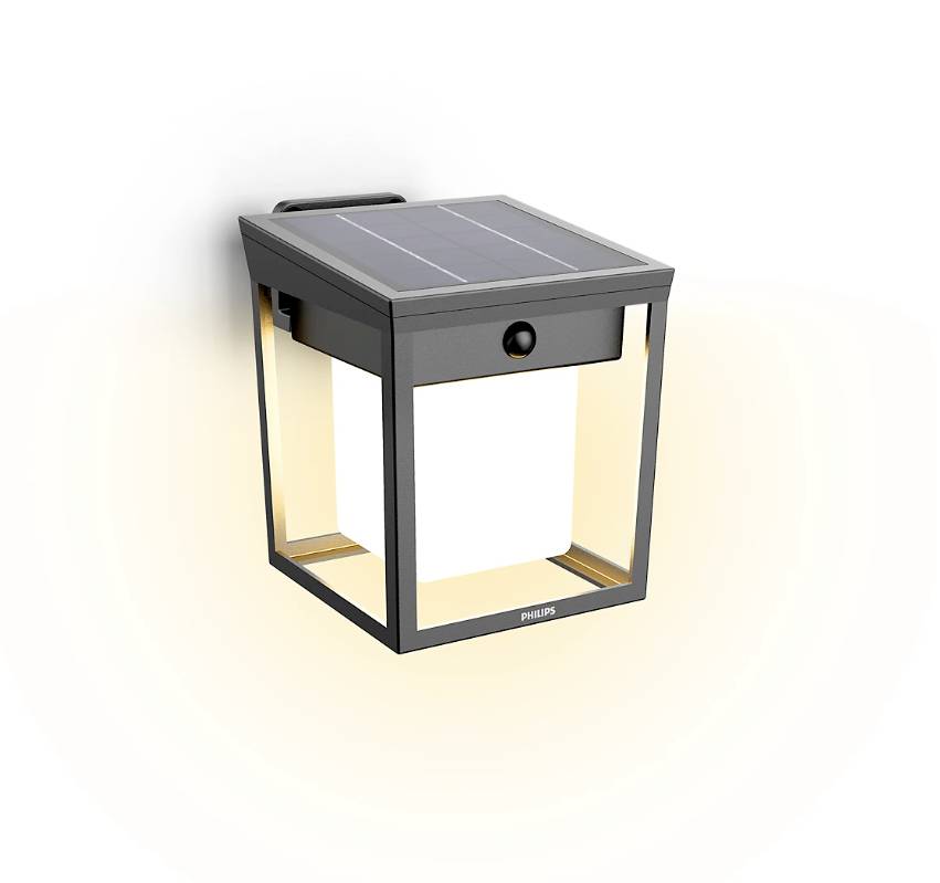 Nástěnná solární lampa s pohybovým senzorem, moderní čtvercový design a teplé, rozptýlené světlo. Ideální pro venkovní osvětlení.