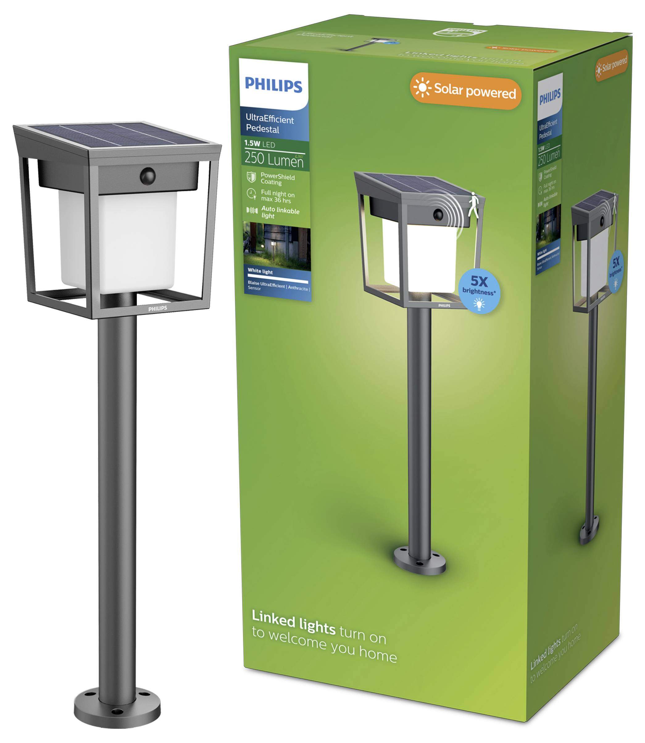 Solární venkovní lampa Philips s pohonem na solární energii zobrazená vedle své zelené krabice produktu, označené UltraEfficient a 250 lumenů.