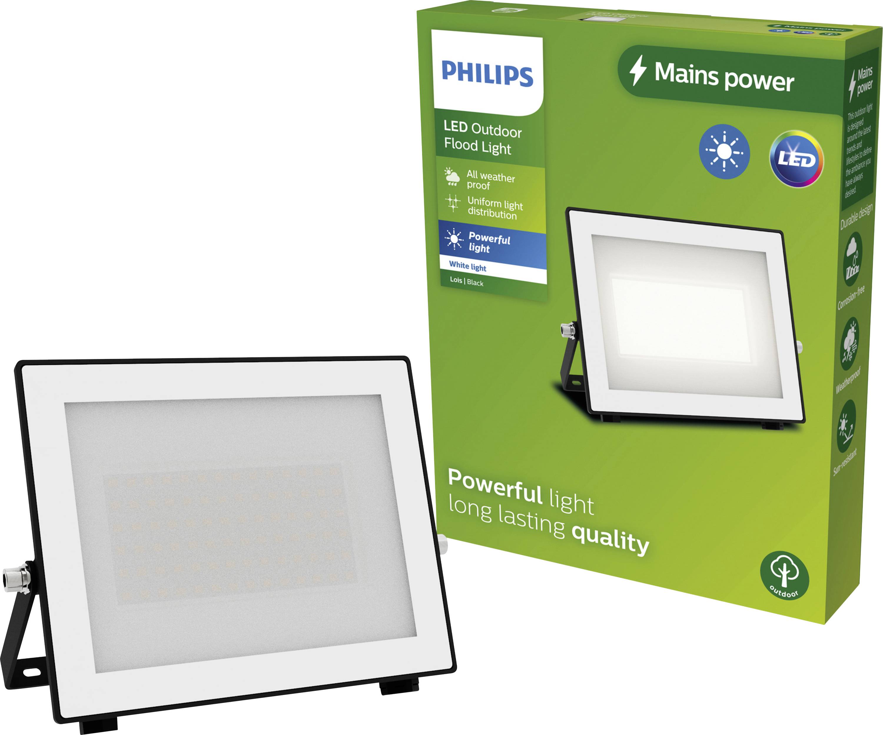 Světlomet od Philips s energeticky úsporným LED osvětlením a odolným designem vůči povětrnostním vlivům. Balení zdůrazňuje dlouhou životnost a silný světelný výkon.