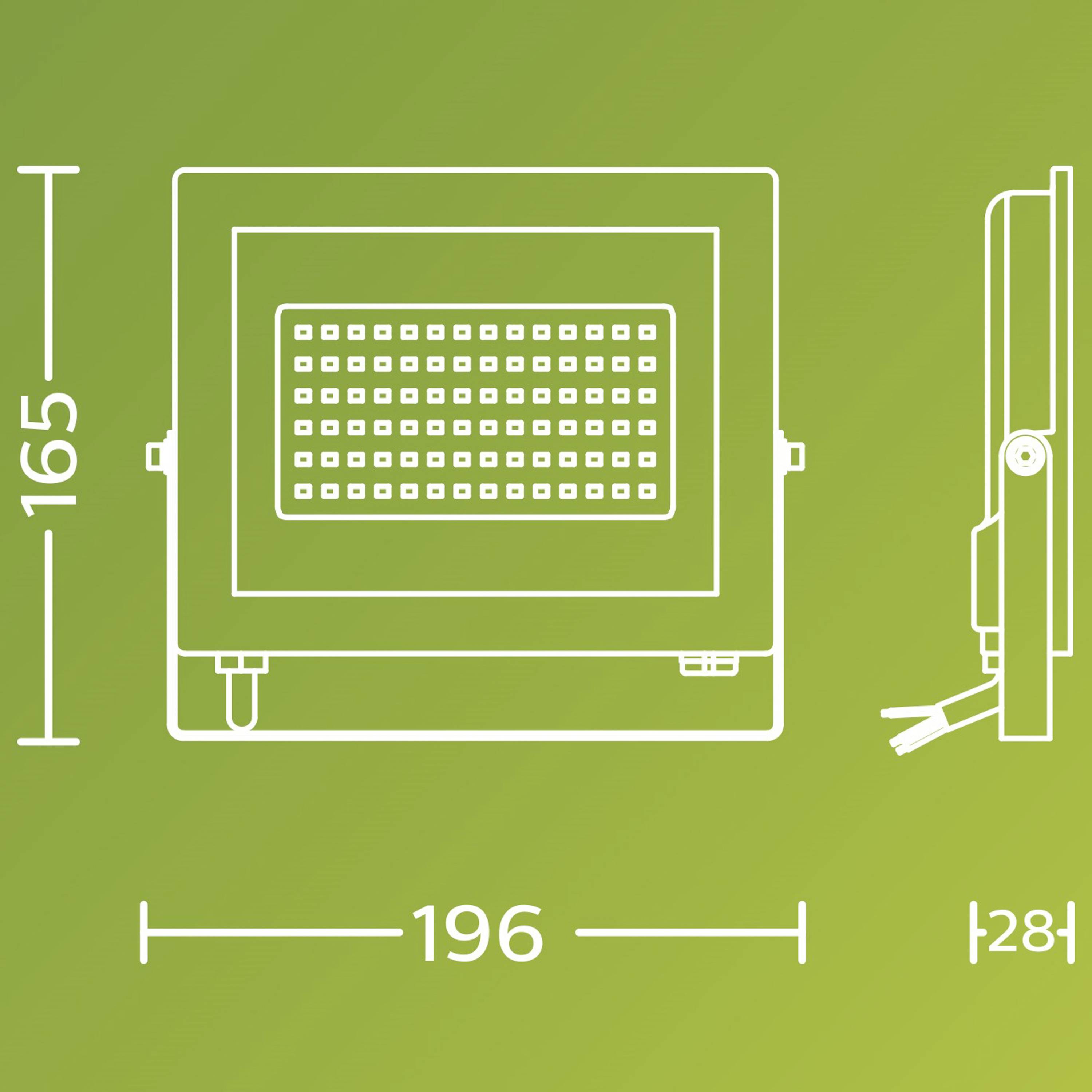 Náčrt LED reflektoru s rozměry: 165 mm výška, 196 mm šířka, 28 mm hloubka. Reflektor má obdélníkový design.