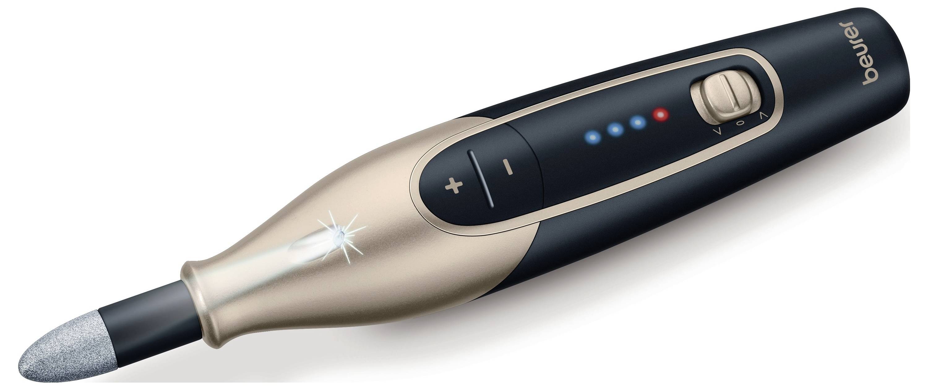Elektrická pilník na nehty s ergonomickým designem, modrou LED indikací a ovládacími tlačítky pro nastavení rychlosti, v černo-zlatém provedení.