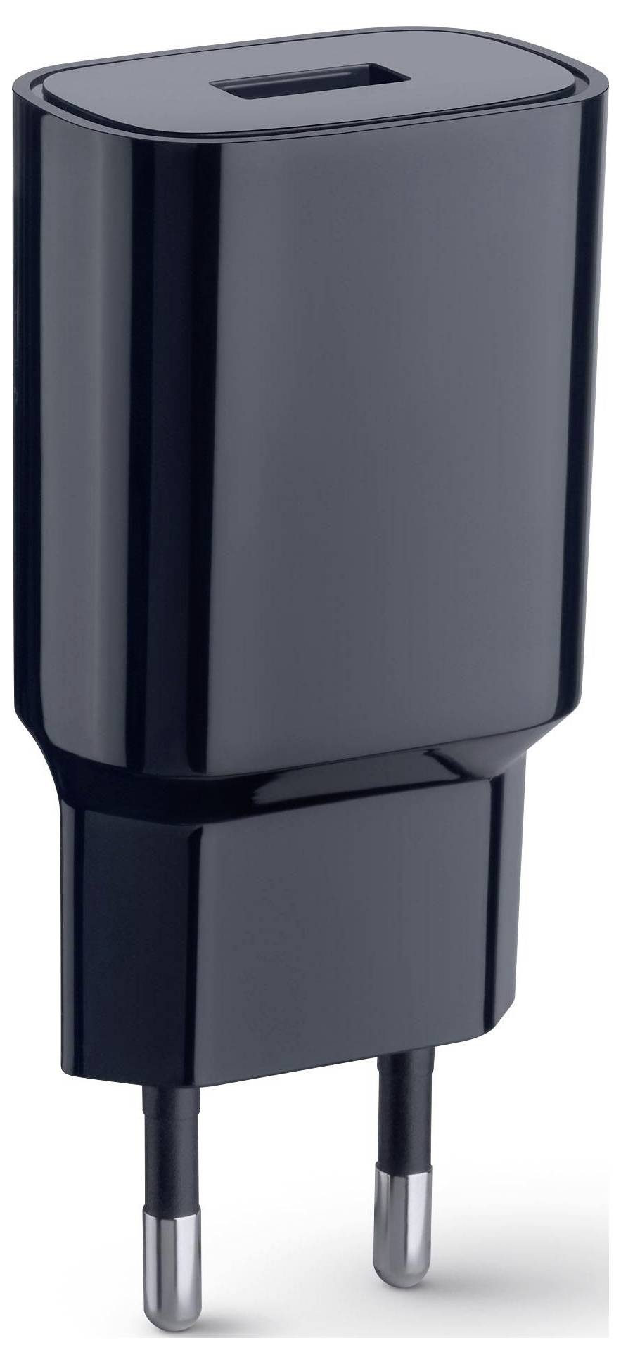 Černá USB nabíječka do zásuvky se dvěma kulatými kovovými kolíky.