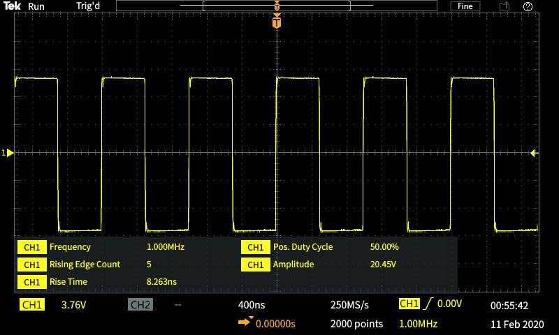Osciloskopický displej zobrazuje obdélníkový signál: frekvence 1,00 MHz, amplituda 20,45 V, kladný dutý cyklus 50 %, doba náběhu a poklesu 8,263 ns.