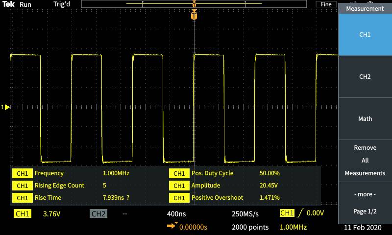 Osciloskop zobrazuje obdélníkový signál o frekvenci 1 MHz, amplitudě 20,45 V a střídě 50 %. Datum: 11. 2. 2020.