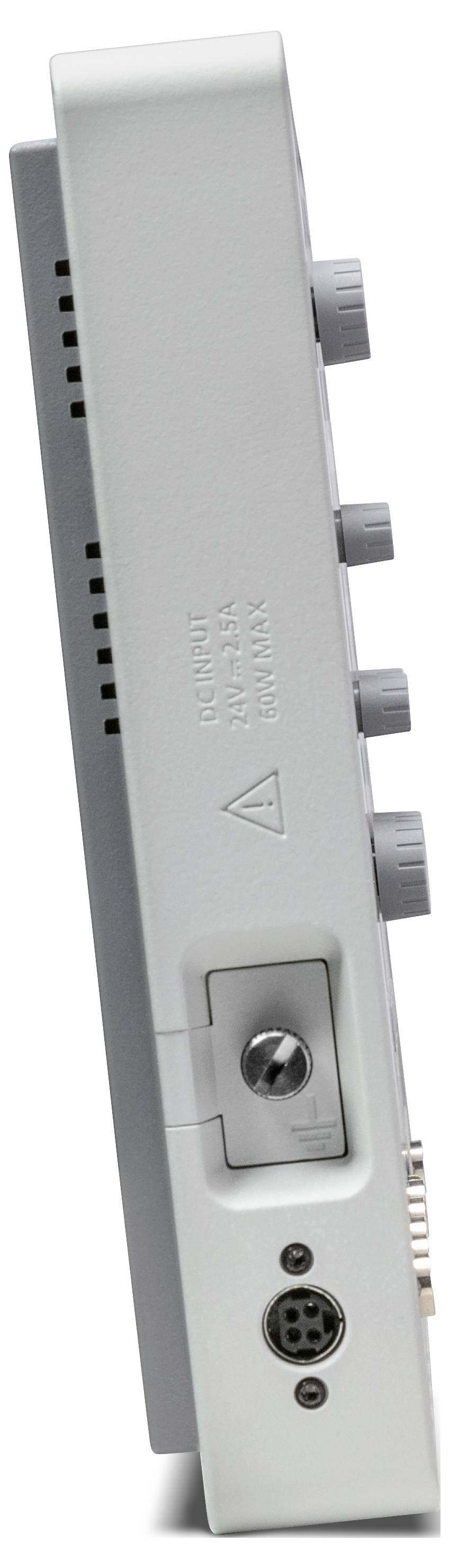 Boční pohled na bílé elektronické zařízení s několika ovladači a vstupy, pravděpodobně audiovybavení nebo hudební nástroj.