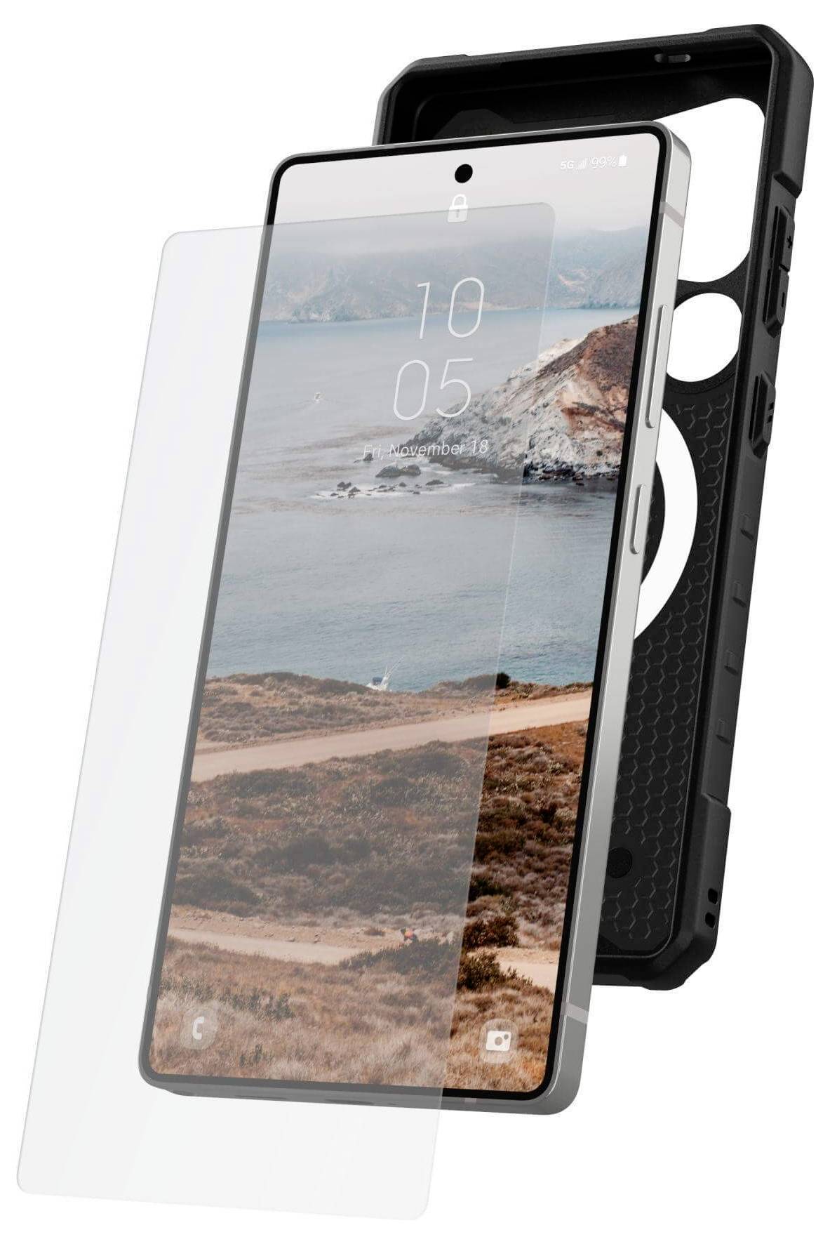 Smartphone s panoramatickým pozadím, obalené do robustního černého ochranného krytu. Tapeta zobrazuje pobřežní scénu.