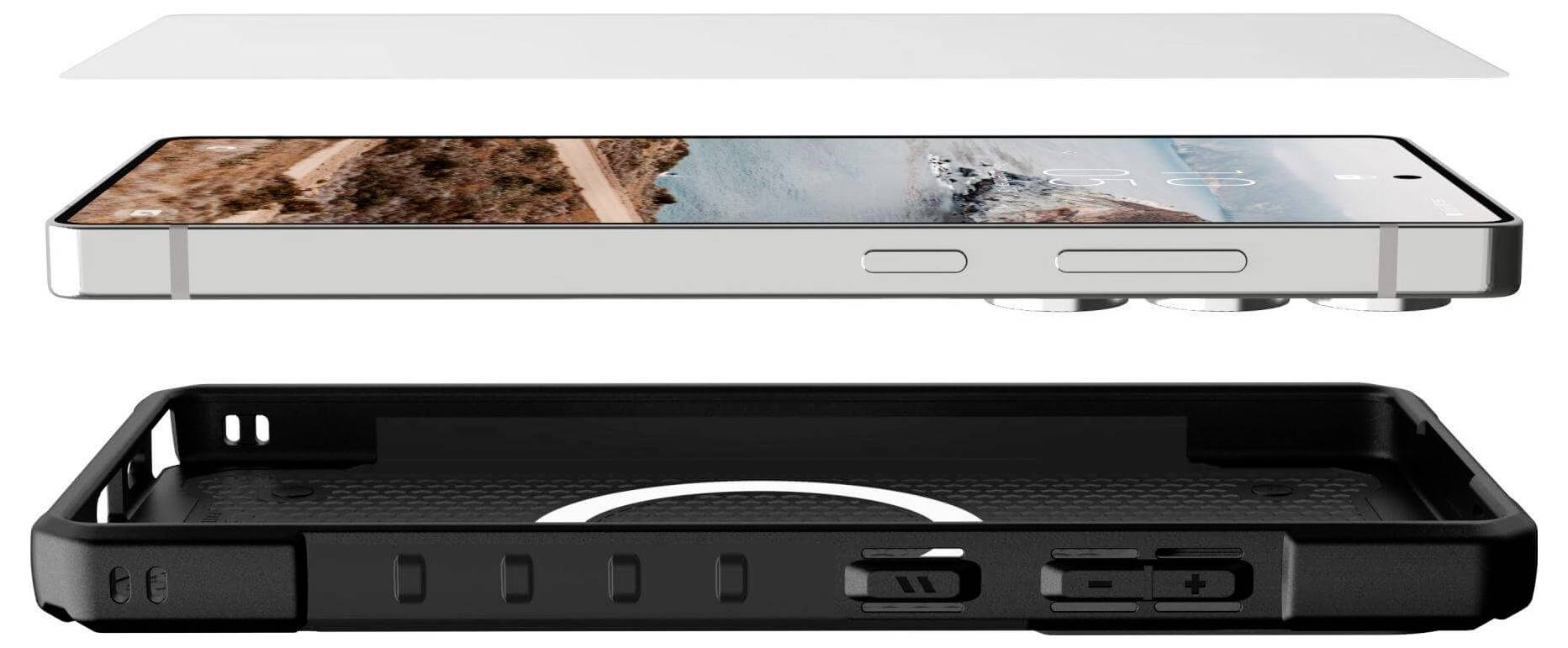 Obal na iPhone s robustním černým rámečkem a magnetickou oblastí pro nabíjení. Zobrazený iPhone s displejem směrem nahoru.