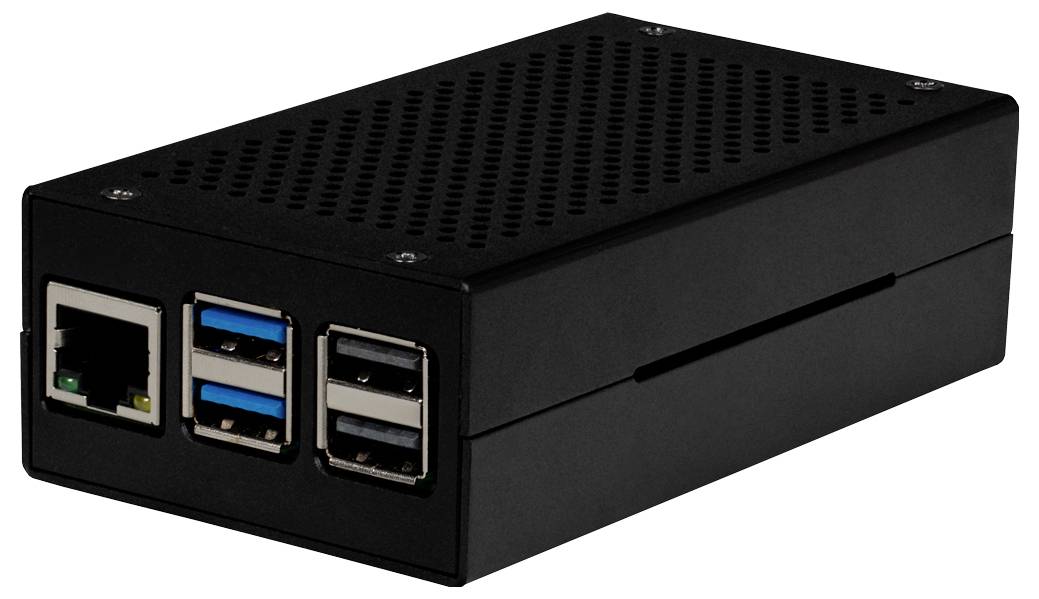Černá skříň malého počítače s několika USB a ethernetovými porty, vhodná pro síťové aplikace nebo experimenty.