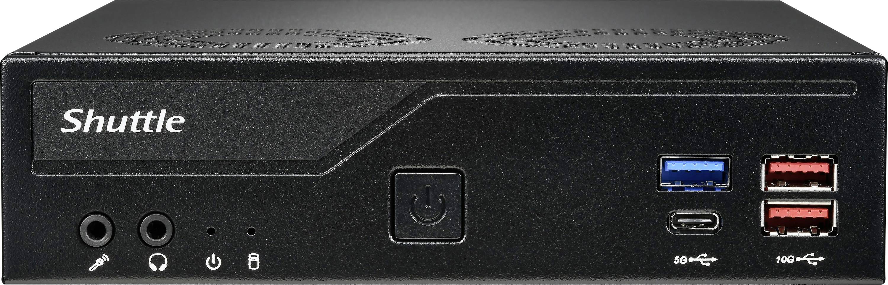 Kompaktní černý počítač s USB porty a vypínačem na přední straně. Logo 'Shuttle' je viditelné vlevo.