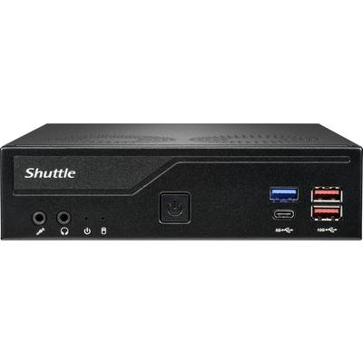Kompaktní černý počítač s USB porty a vypínačem na přední straně. Logo 'Shuttle' je viditelné vlevo.