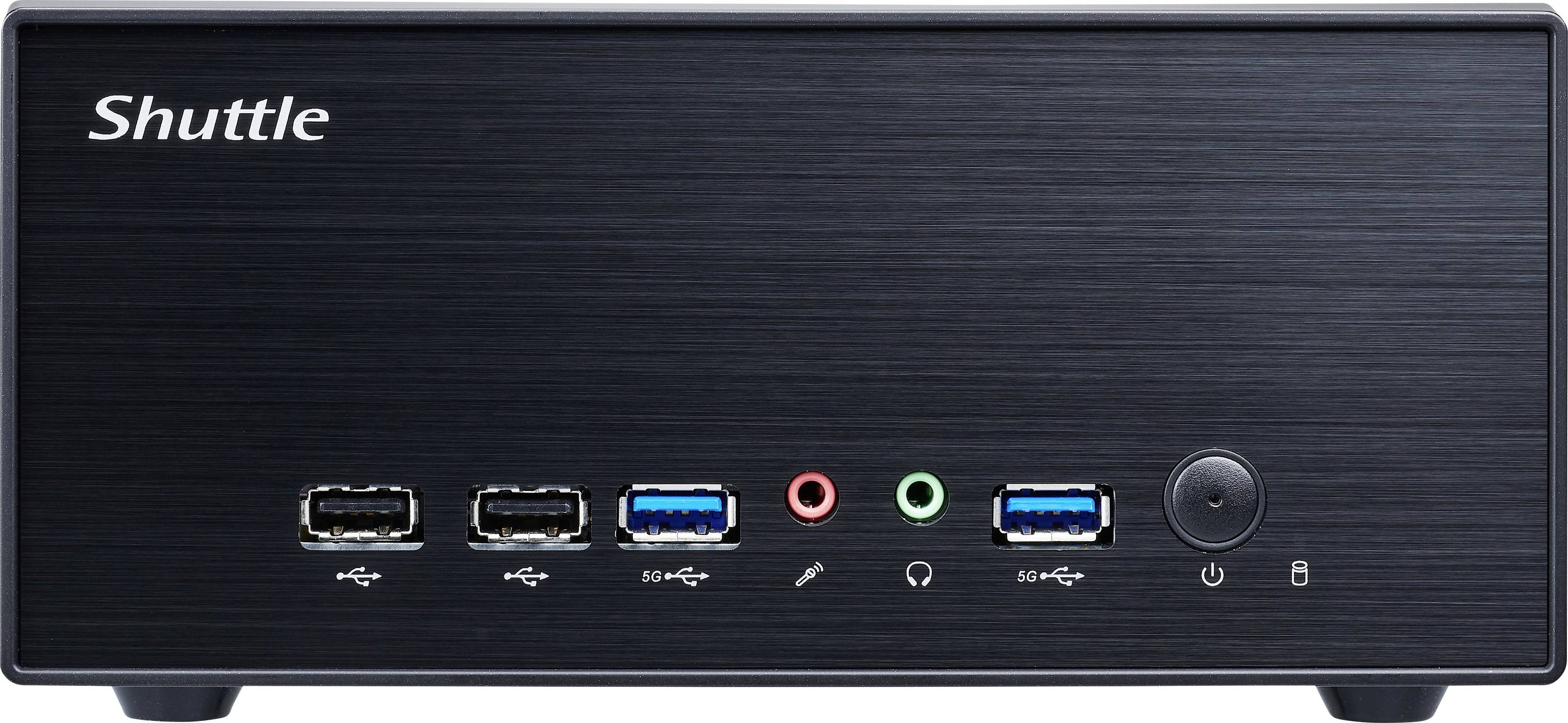 Černý mini počítač se logem Shuttle, který na přední straně zobrazuje USB porty, audio konektory a tlačítko napájení; jednoduché designové provedení.