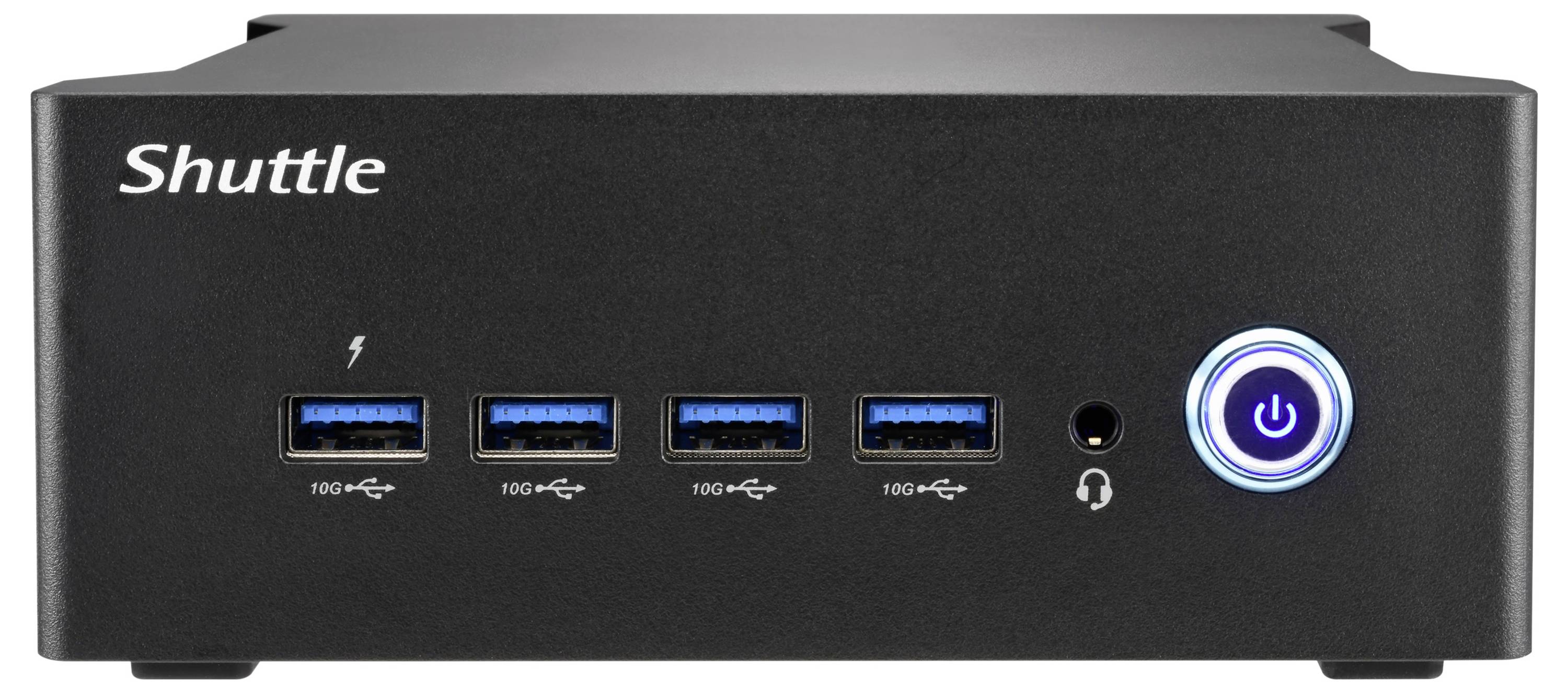 Kompaktní černý počítač se čtyřmi USB 3.0 porty a osvětleným vypínačem na přední straně. Označený nápisem 'Shuttle'.