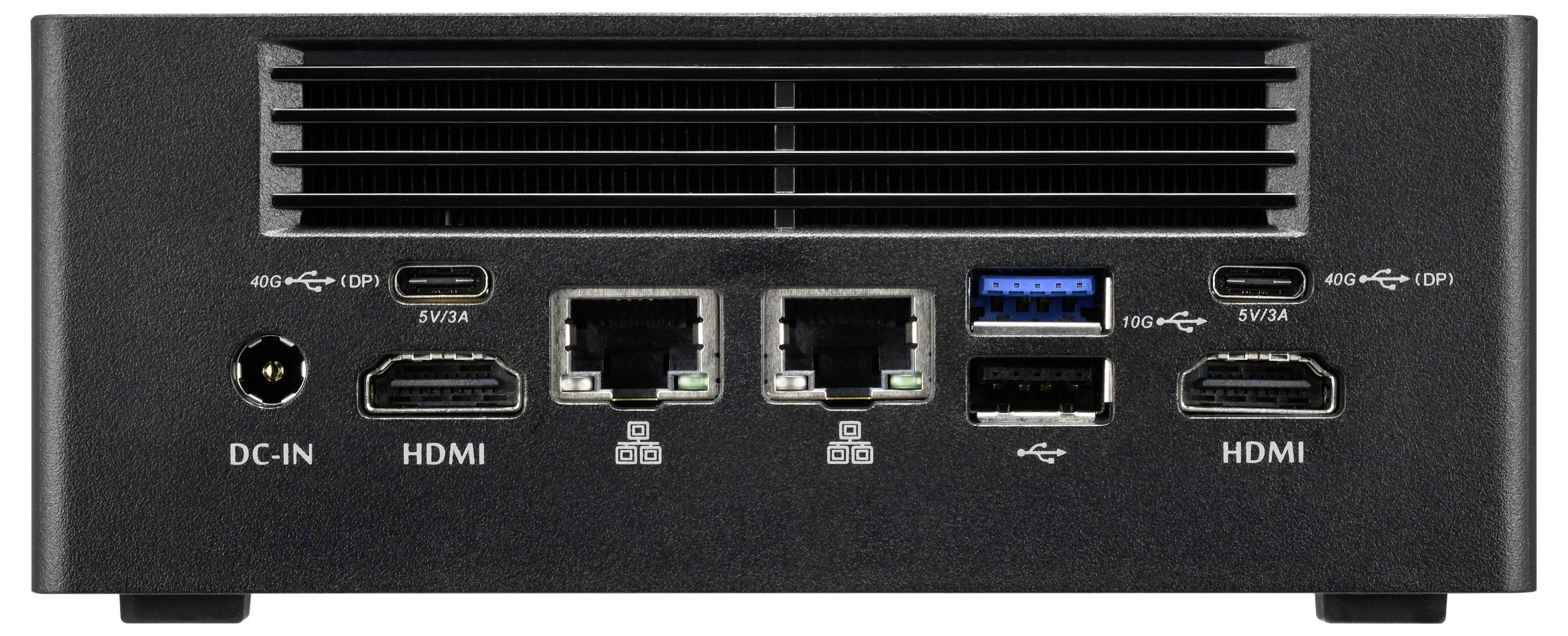 Zadní strana elektronického zařízení zobrazuje různé konektory: dva HDMI, dva USB porty, dva ethernetové vstupy a DC-IN.