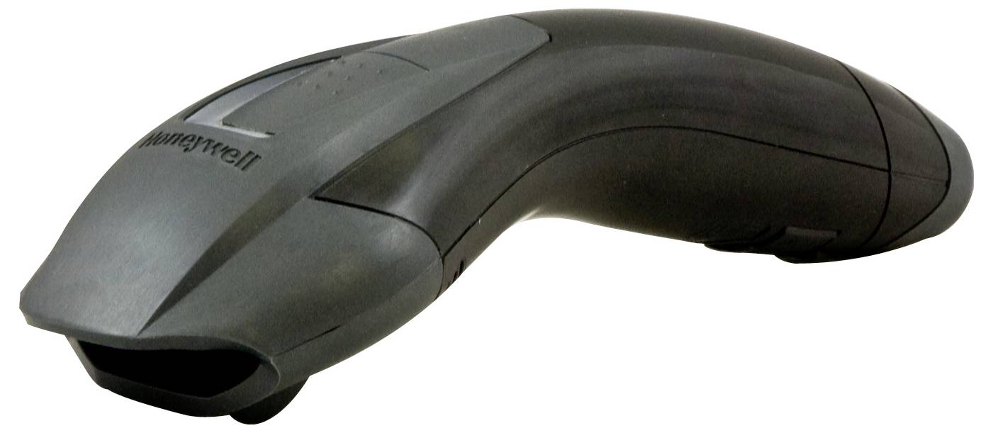 Černý ruční skener s ergonomickým tvarem leží na povrchu. Text značky je viditelný nahoře na skeneru.