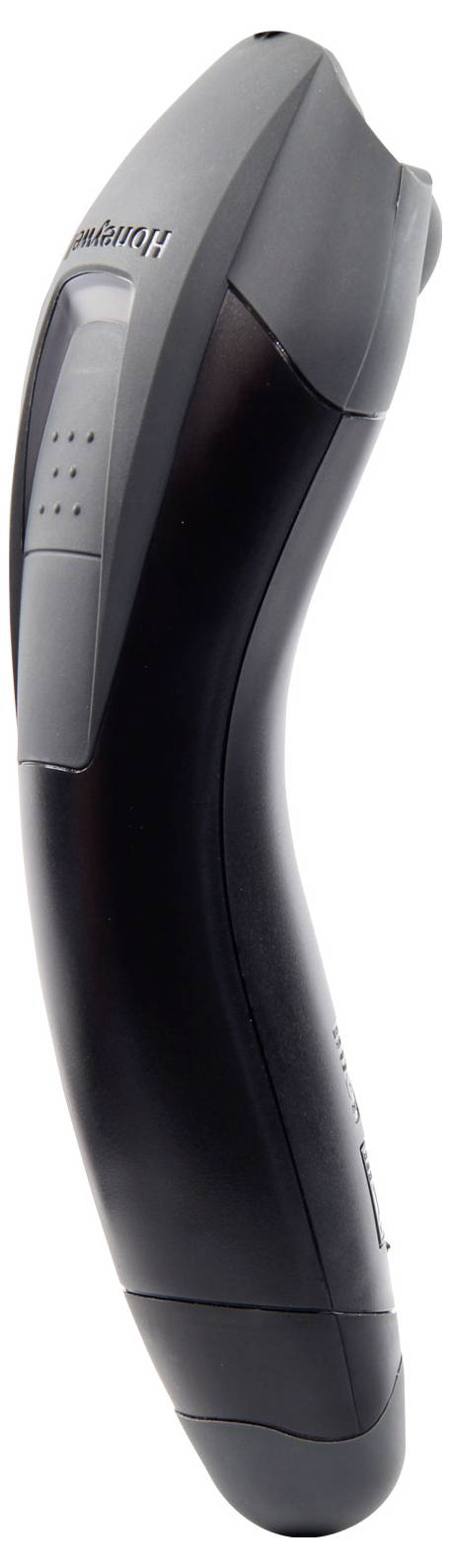 Ergonomický černý ruční skener v šikmém bočním pohledu. Kompaktní design je určen pro mobilní použití.