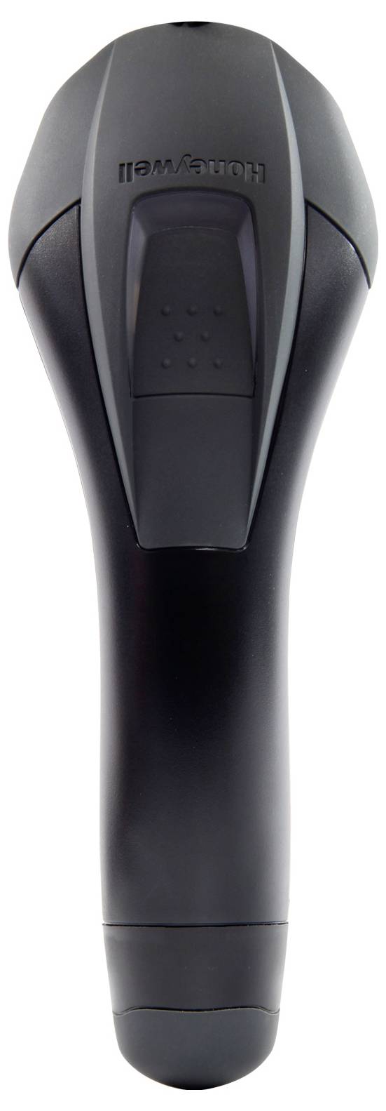 Černé technické zařízení s ergonomickým designem, pravděpodobně ruční skener, pohled shora.