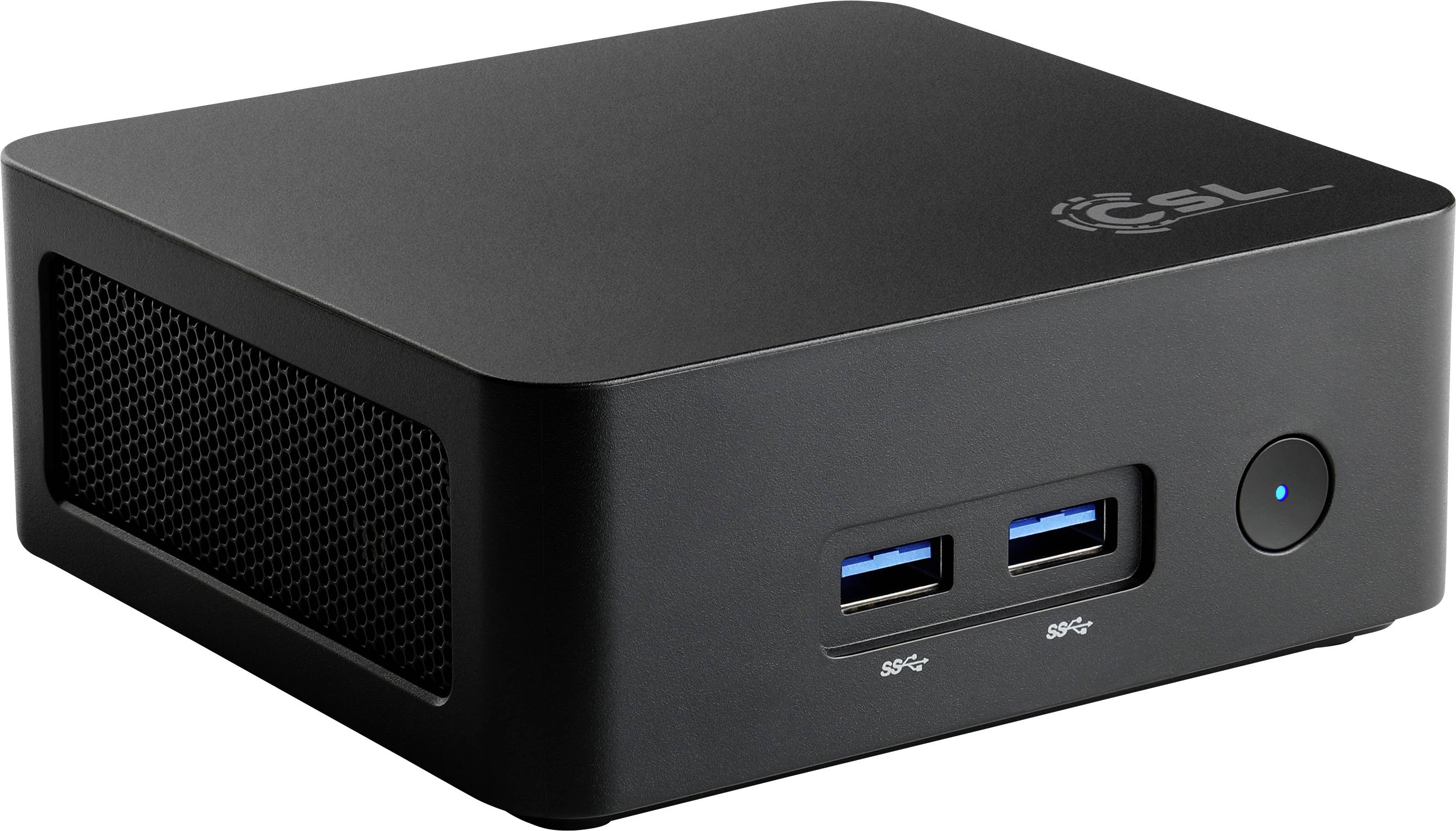 Malé černé obdélníkové počítačové zařízení s větranými stranami, dvěma USB porty a vypínačem na předním panelu.
