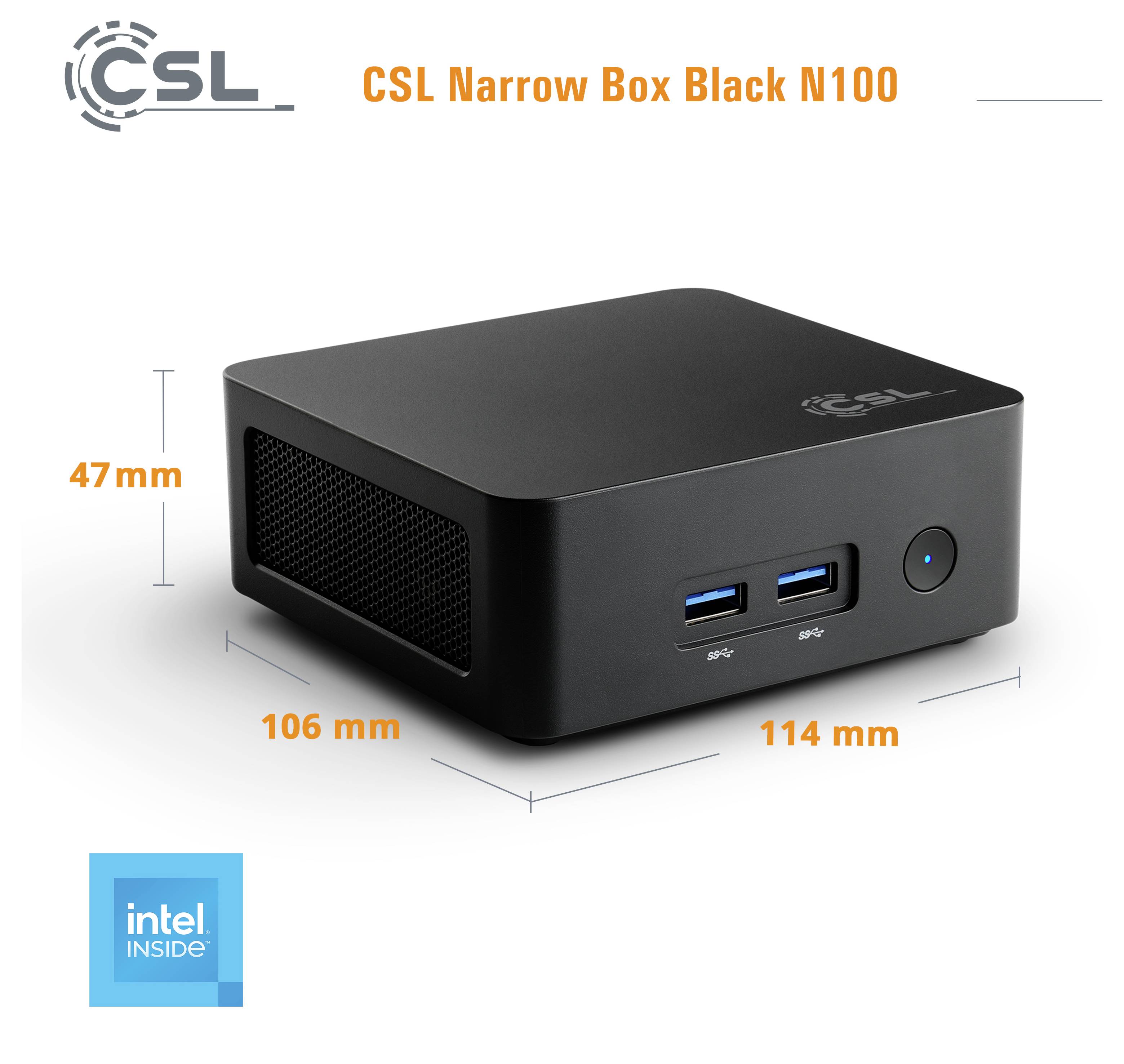 Černý mini počítač CSL Narrow Box N100 s logem 'intel inside'; rozměry: 47 mm vysoký, 106 mm hluboký, 114 mm široký; vpředu viditelné porty.