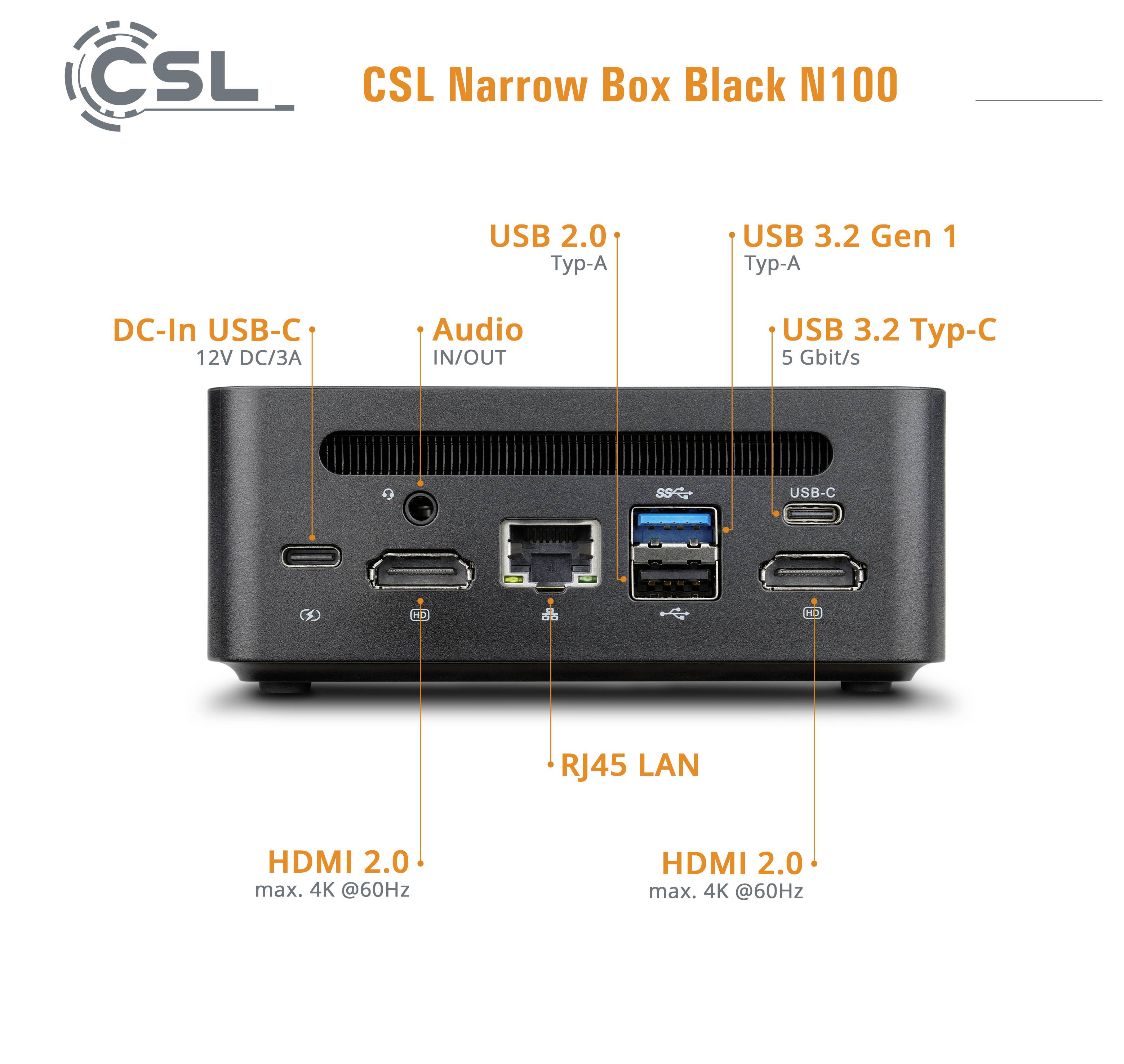 Černý CSL Narrow Box N100 zobrazující několik portů včetně DC-In, audio, USB 2.0, USB 3.2, RJ45 LAN a HDMI 2.0.