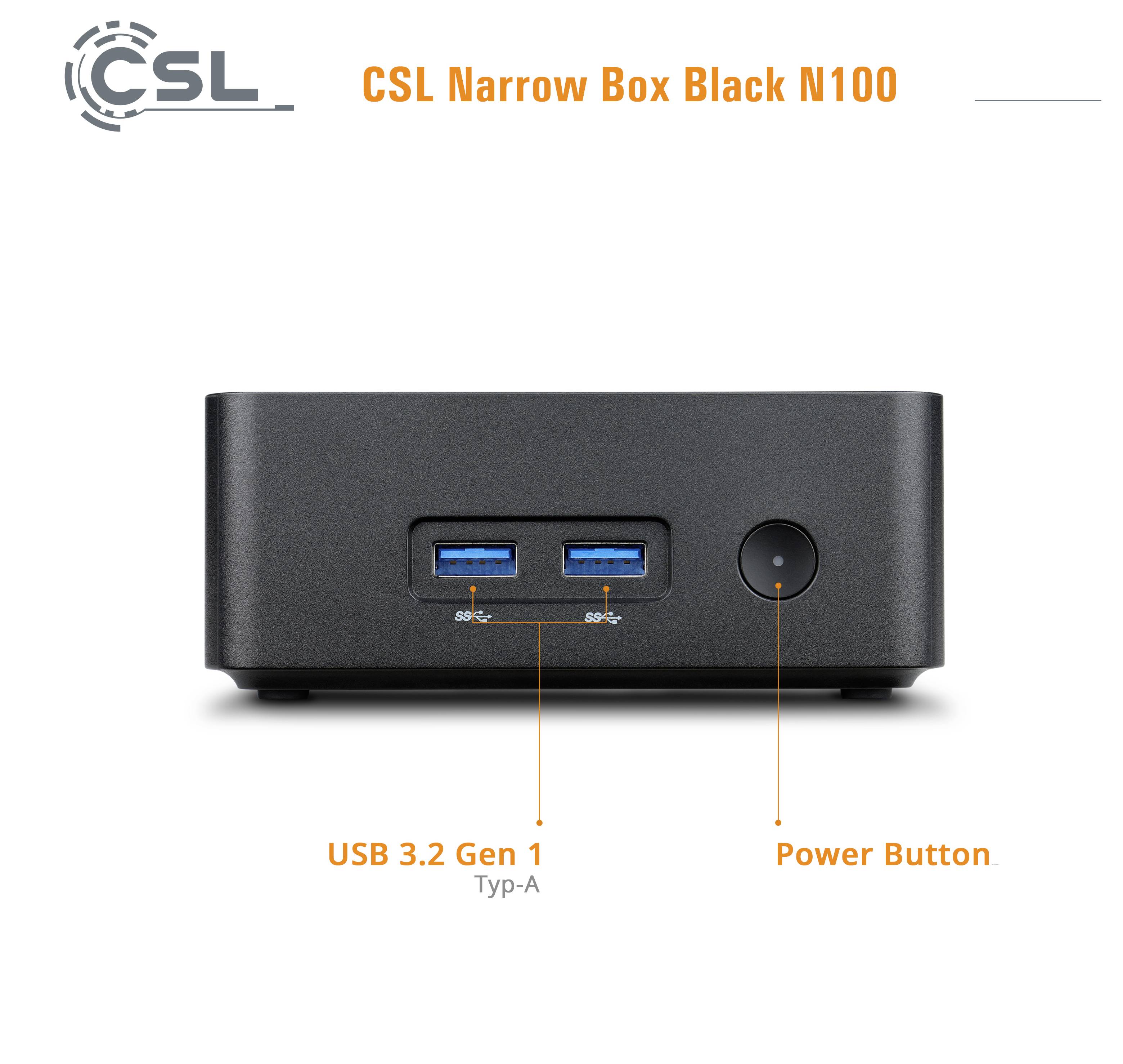 Malá černá počítačová skříň se dvěma porty USB 3.2 Gen 1 Type-A a tlačítkem napájení označeným na přední straně.