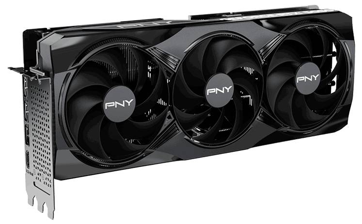 Grafická karta s logem PNY, černá, s třemi ventilátory a několika konektory, vhodná pro vysoce náročné počítačové aplikace.