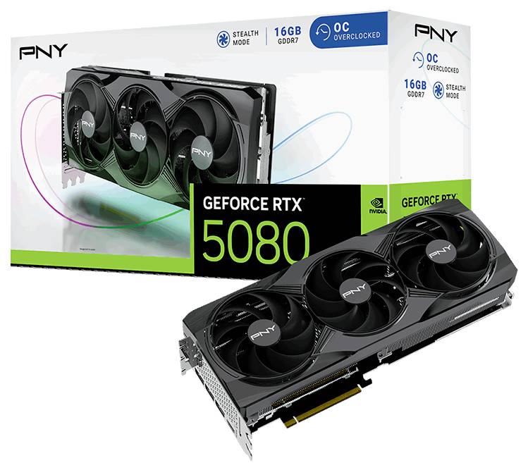 Grafická karta PNY GeForce RTX 5080 s balením, důraz na 16GB GDDR7, herní režim přetaktování (OC) a tři ventilátory pro lepší chlazení.