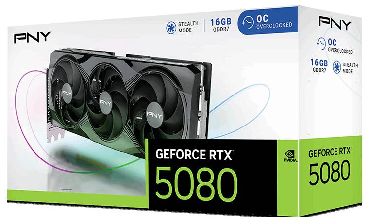 Obrázek grafické karty PNY GeForce RTX 5080 s 16 GB GDDR7 paměti na obalu. Zvýrazněné vlastnosti: 'Stealth Mode' a 'OC Overclocked'.