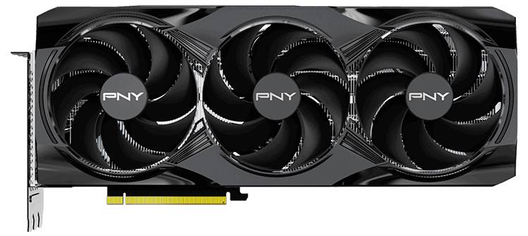 Trojitý větrací chladič grafické karty Nvidia PNY s PCIe rozhraním. Černý kryt, vhodný pro výkonné počítače.