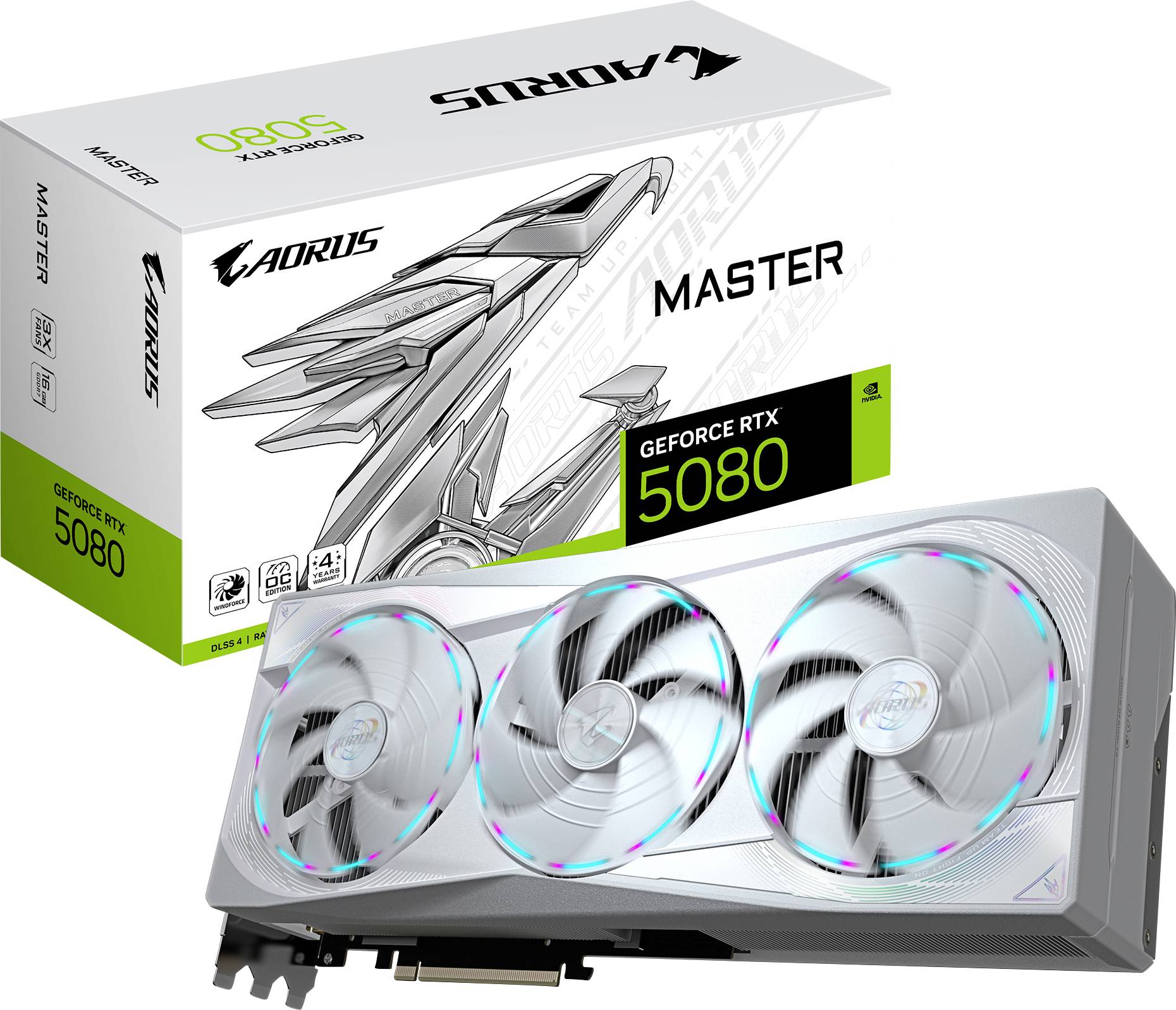 Grafická karta 'GeForce RTX 5080' od společnosti AORUS na obrázku, zobrazená včetně obalu. Karta je vybavena třemi ventilátory s RGB podsvícením.
