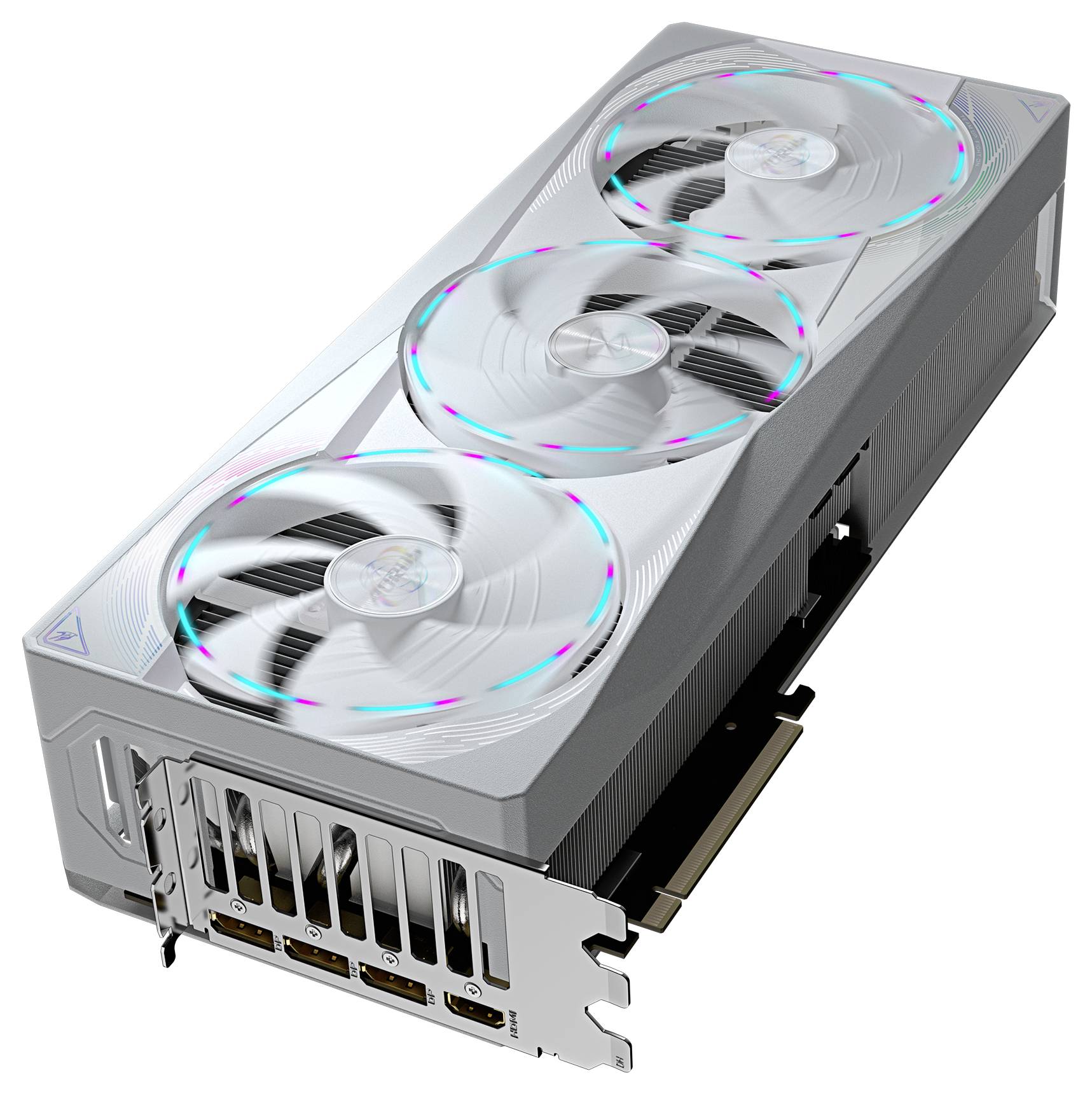 Grafická karta se stříbrným pouzdrem, třemi ventilátory a RGB podsvícením. Vhodná pro výkonné hry a grafické aplikace.